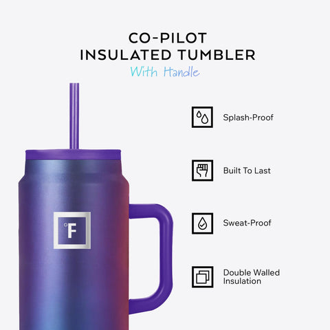 La IRON °FLASK Copiloto con pajilla detalla uso cómodo con una mano.