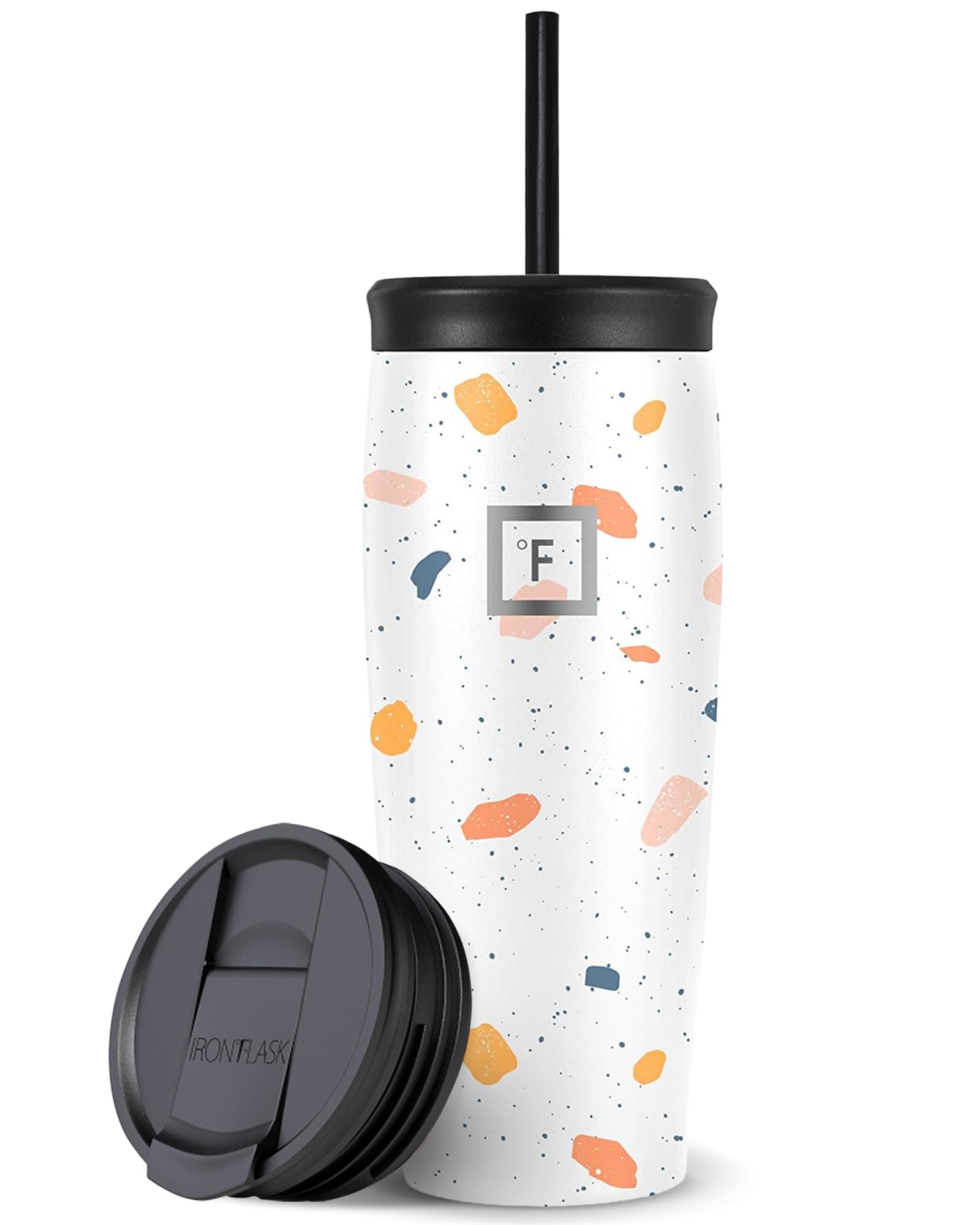 IRON °FLASK Nomad Tumbler Terrazzo 20oz frente: diseño duradero y frío estable.