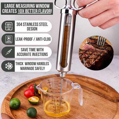 Iron Grillers inyector con ventana de medición para dosificar marinadas con precisión.