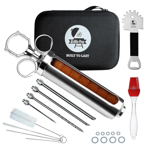 Iron Grillers inyector de carne de acero inoxidable 2 oz para marinadas profundas.