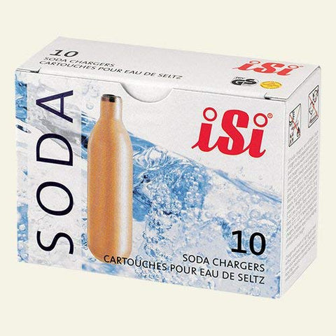 Cargadores iSi North America dorados en caja, opción práctica para bebidas carbonatadas en casa.