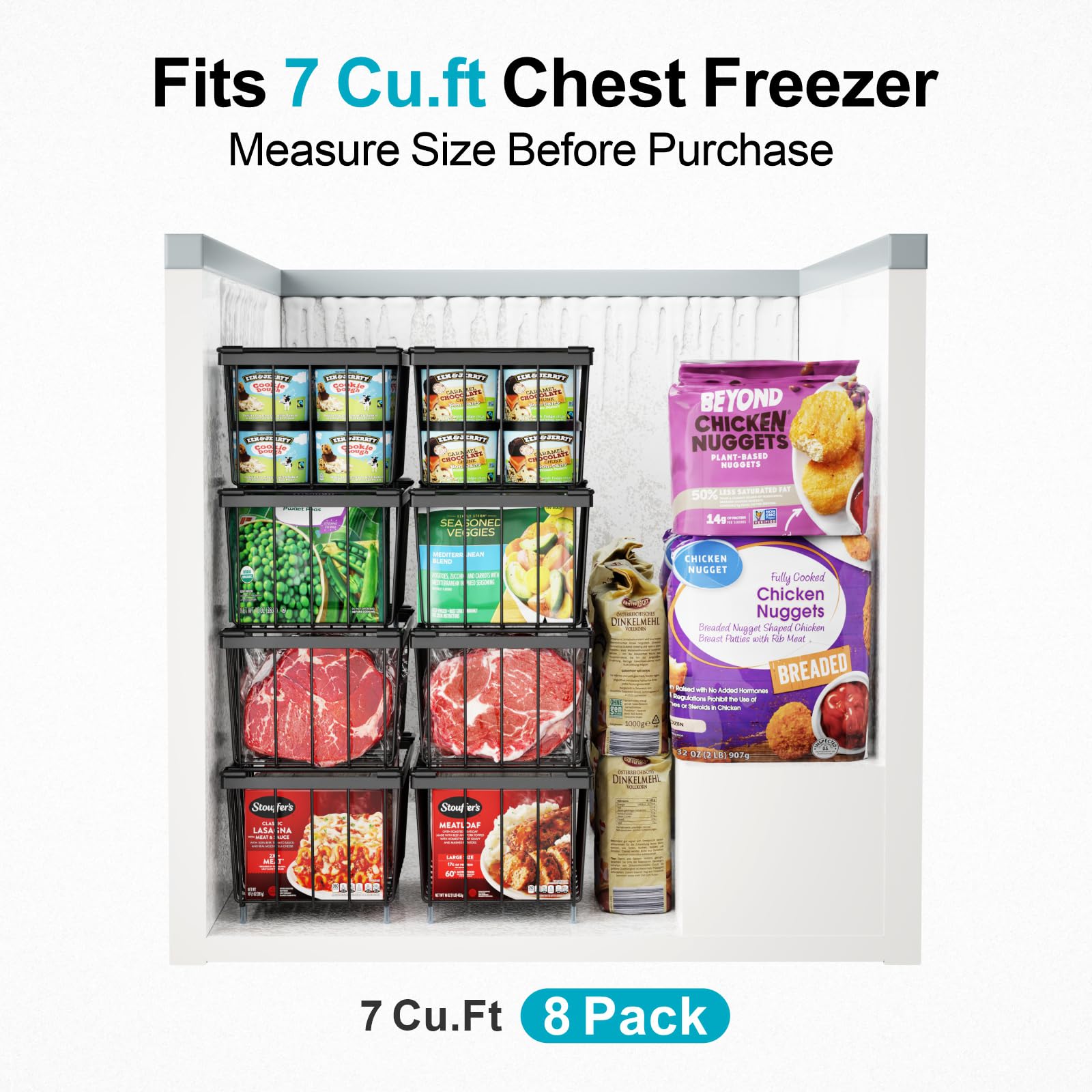 iSPECLE cestas apilables para congelador, visualización clara de alimentos.