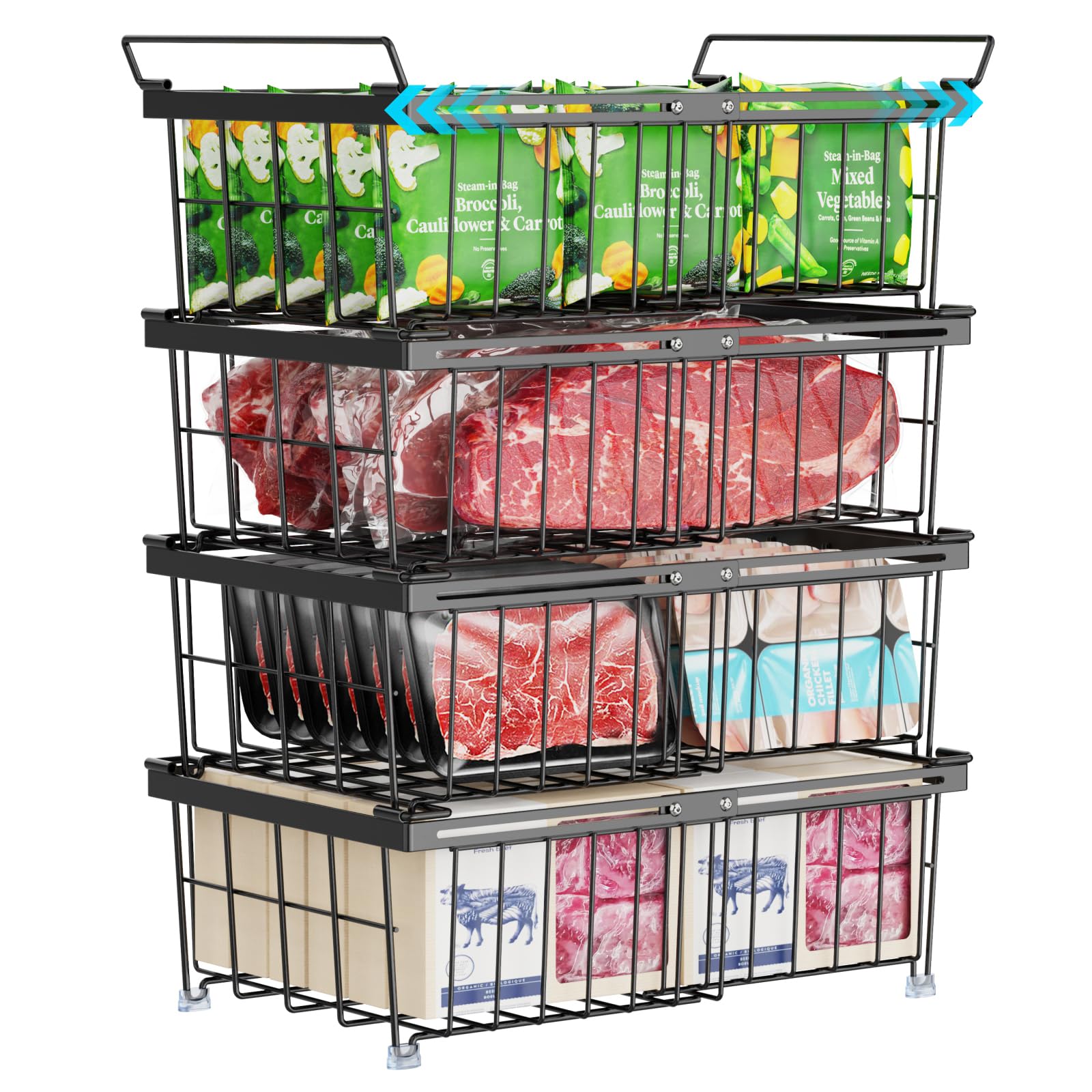 iSPECLE contenedores para congelador extensibles que se ajustan a 10–20 ft³ para ordenar alimentos.