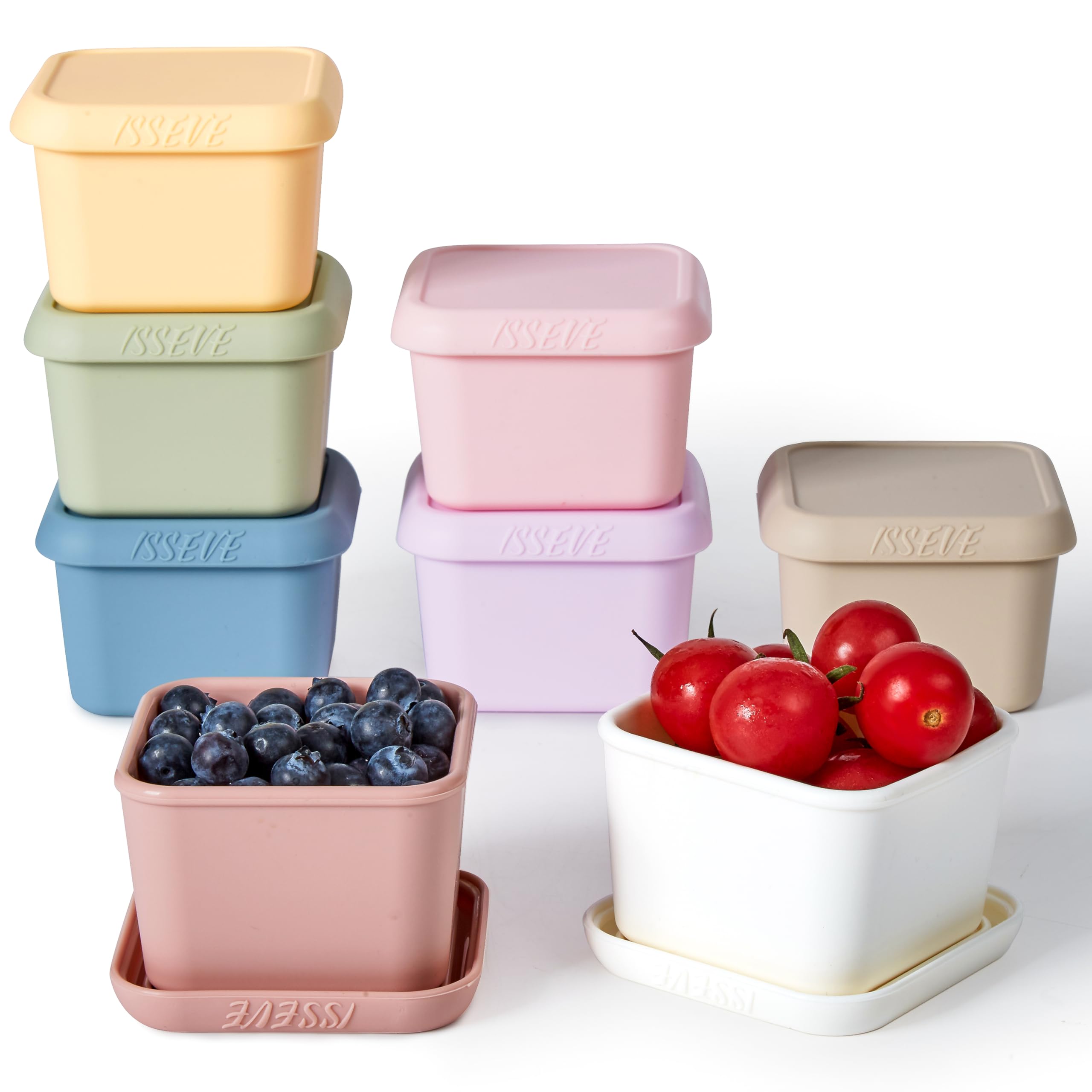 ISSEVE ocho paquetes de contenedores snack silicona 6 onzas, ideal para meriendas reutilizables.