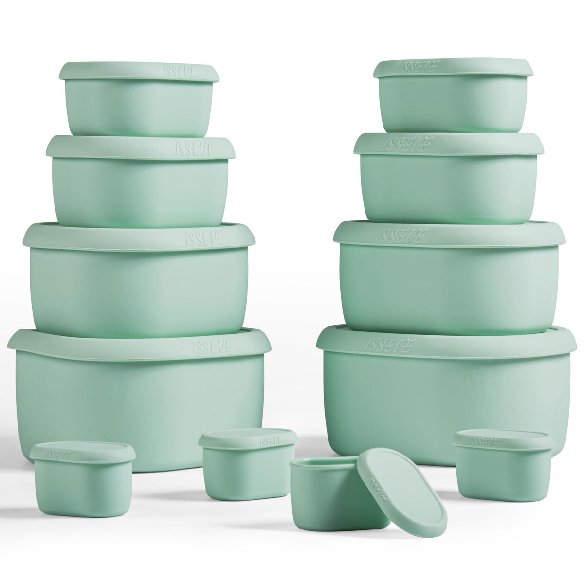 Conjunto ISSEVE de contenedores de silicona apilables con tapas herméticas para almacenamiento seguro.