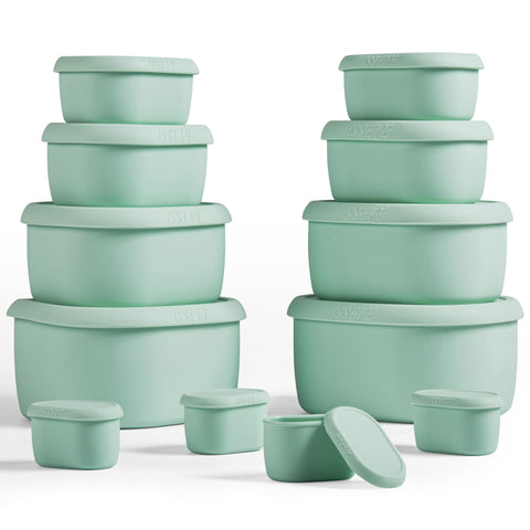Conjunto ISSEVE de contenedores de silicona apilables con tapas herméticas para almacenamiento seguro.