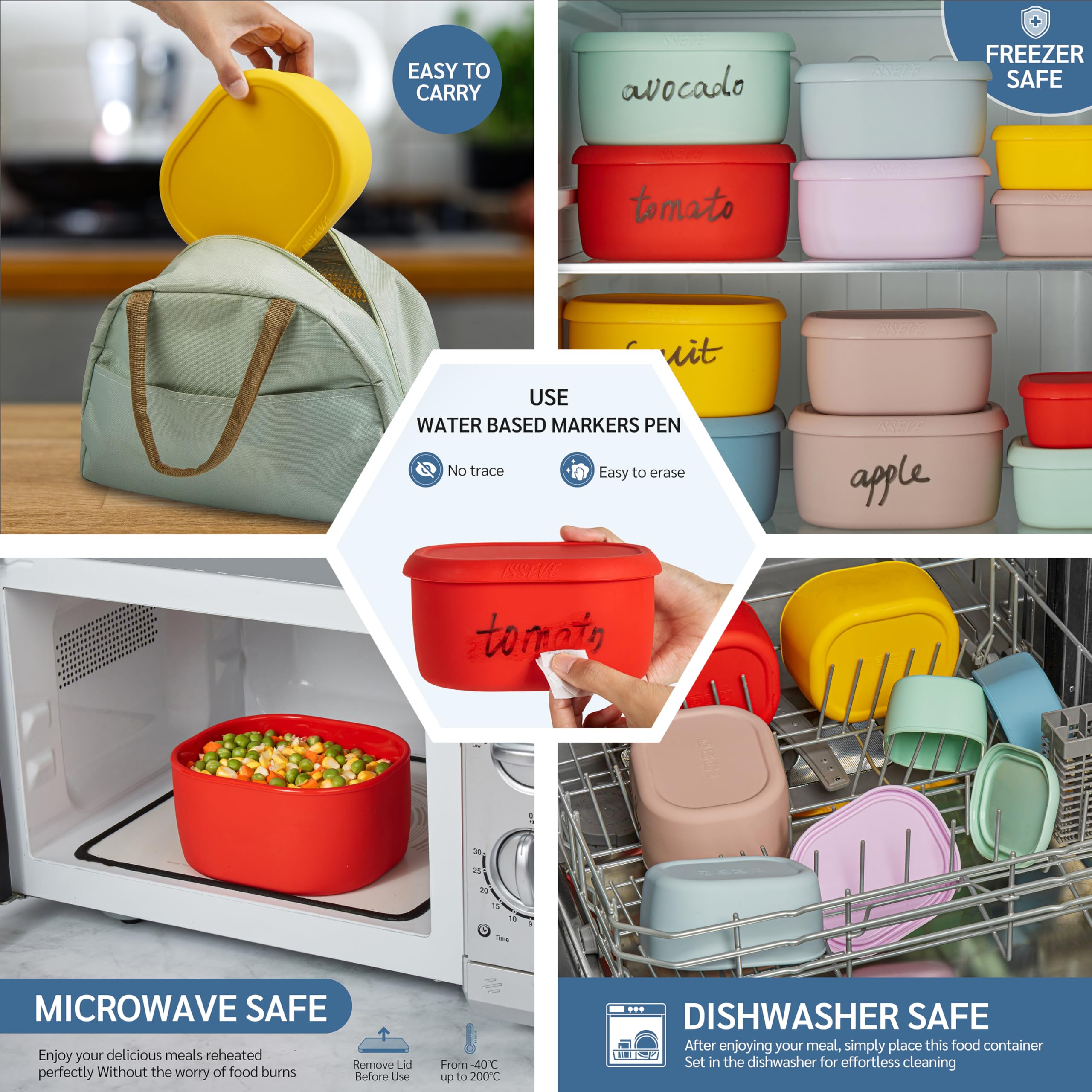ISSEVE silicona sin BPA para almacenamiento seguro de alimentos.