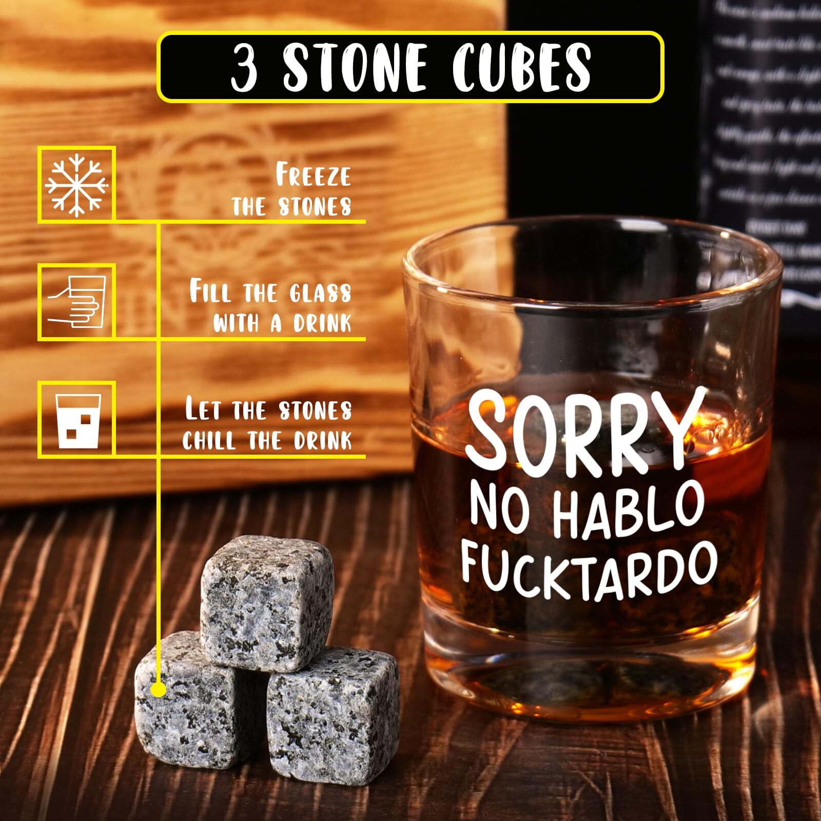 Ithmahco vaso de whisky con frase graciosa, experiencia de degustación lúdica.