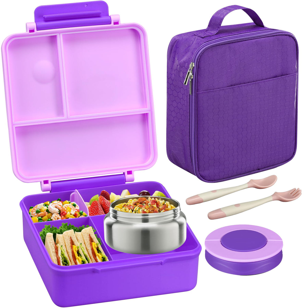Itslife bento para niños morado con cuatro compartimentos para almuerzo escolar.