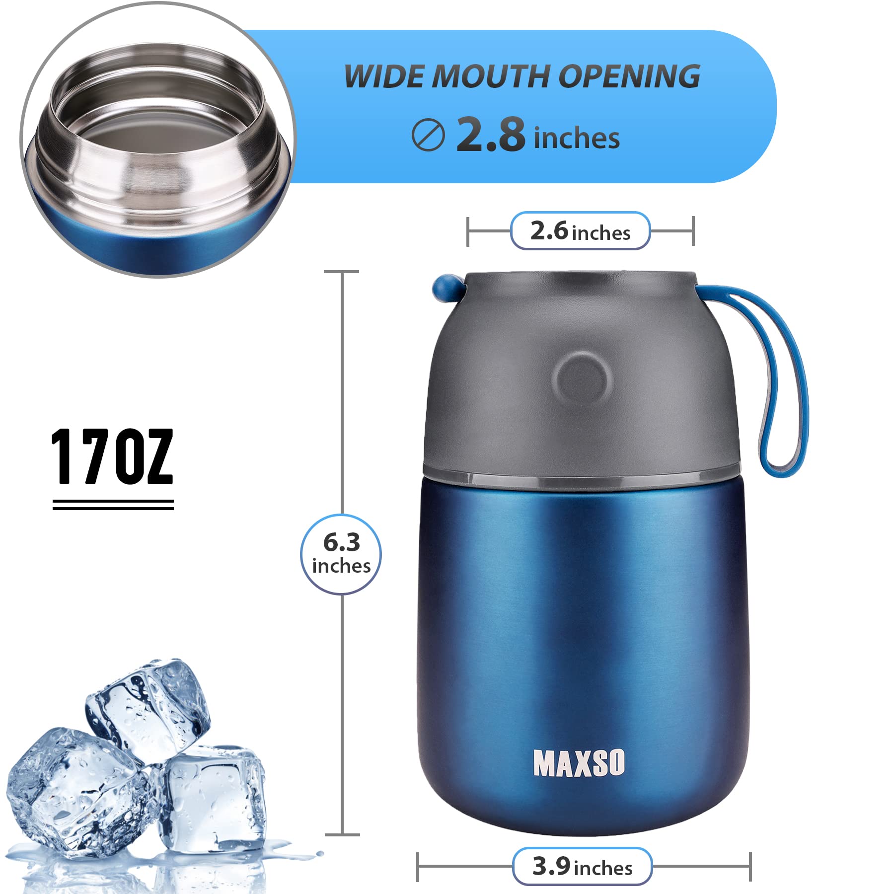 Itslife jarro térmico con cuchara integrada, azul, conveniente para comer en casa