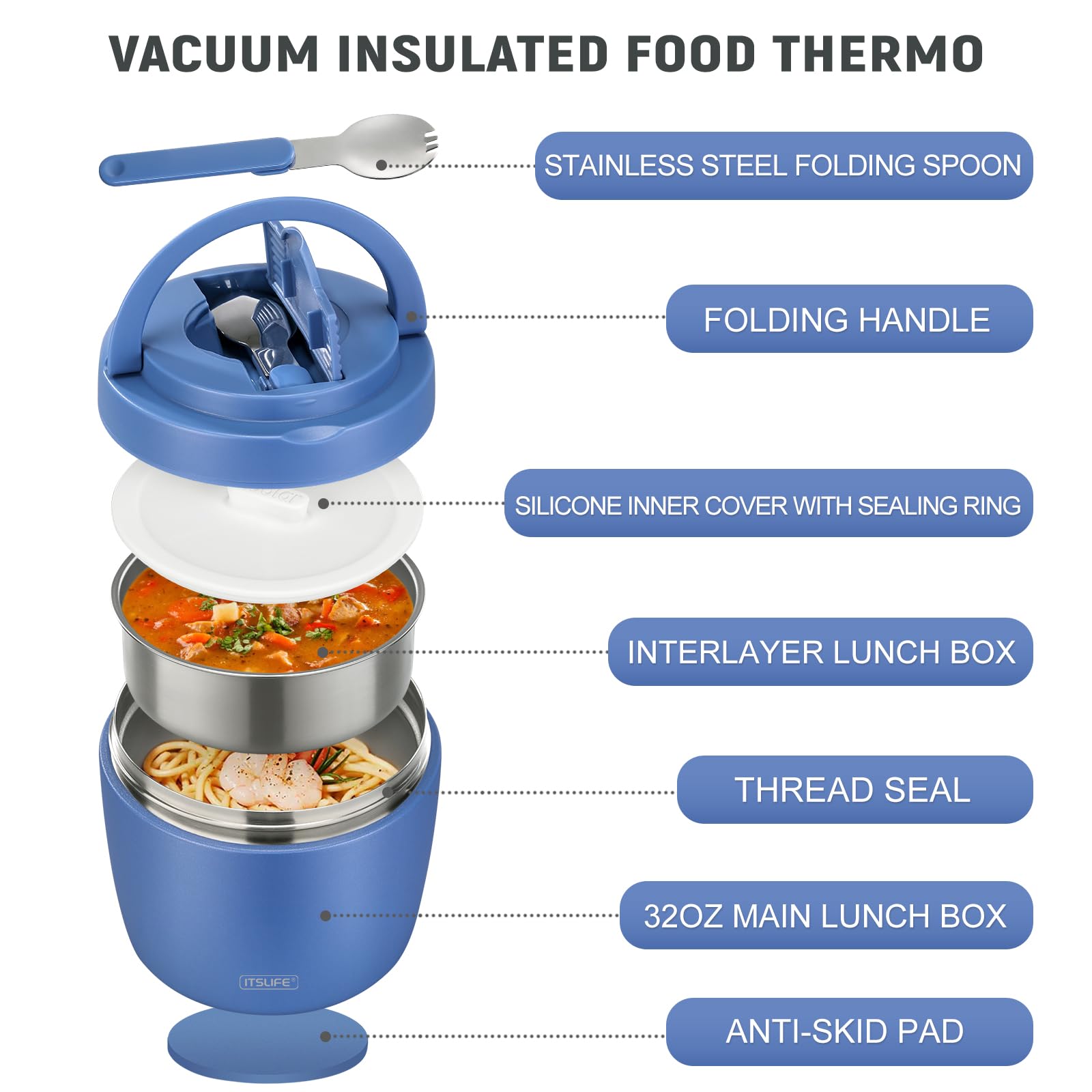 Itslife Soup Thermo interior con aislamiento de doble pared mantiene comida caliente