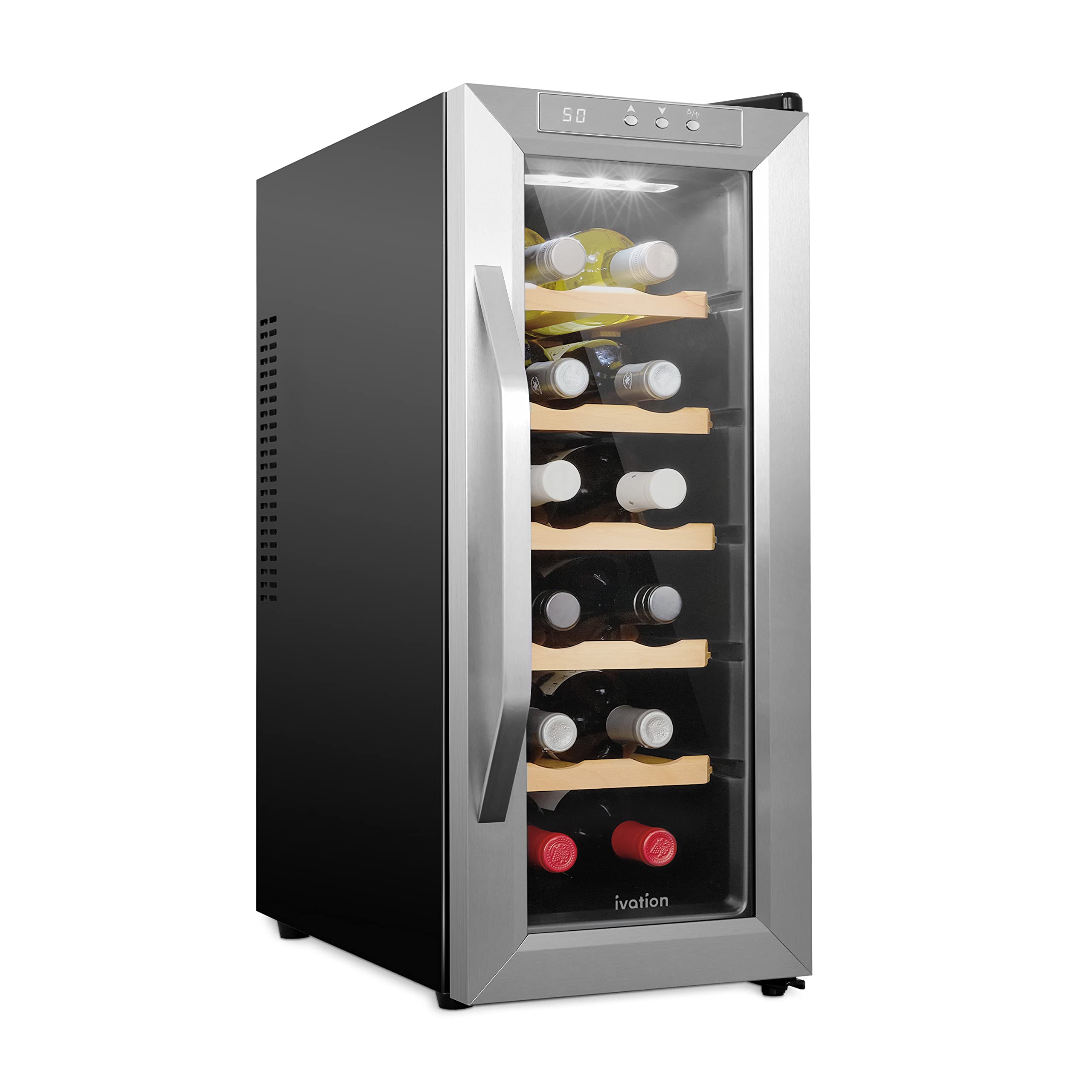 Ivation enfriador de vino 12 botellas, vista frontal con temperatura estable para mayores sabores