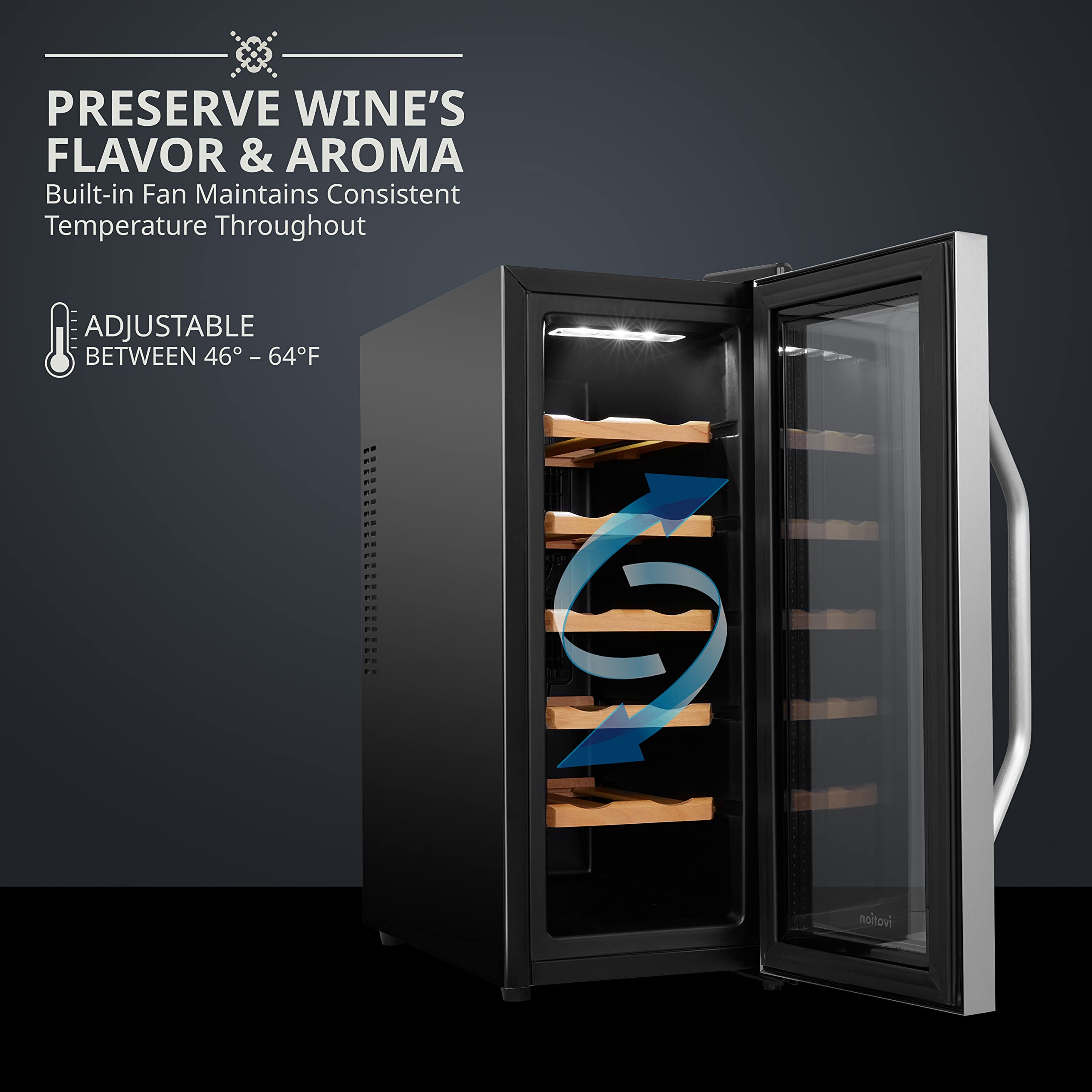 Ivation enfriador de vino, estantes de roble sostienen las botellas con organización elegante