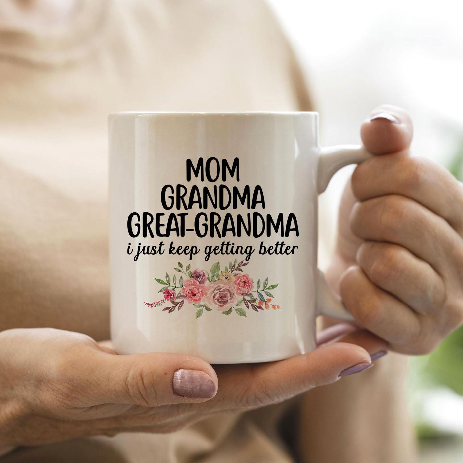 Taza IWXYI gran abuela, detalle floral, apta para microondas y lavavajillas.