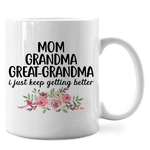Taza IWXYI gran abuela con diseño floral, vista frontal, ideal para el desayuno.