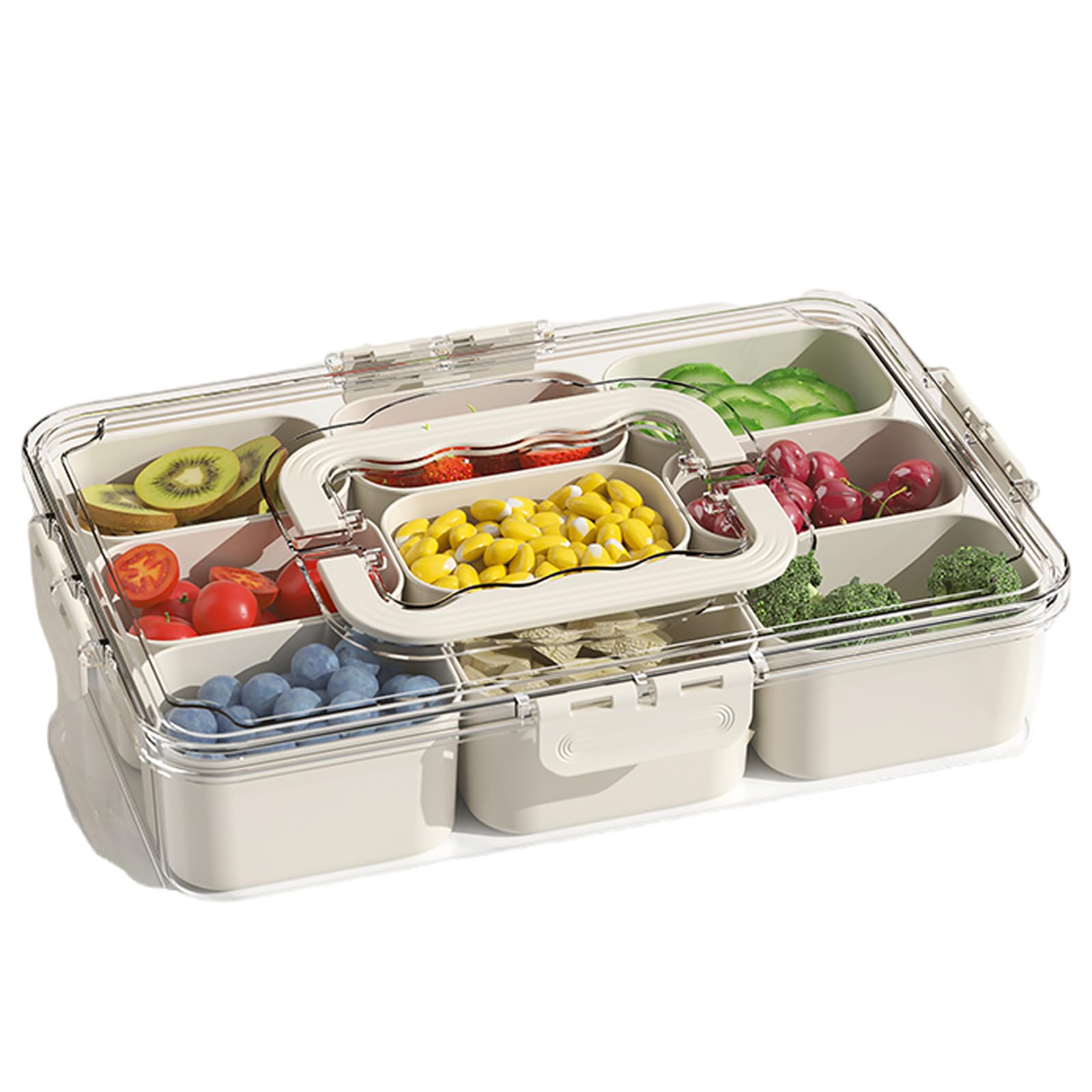 Bandeja dividida J-hong con tapa y asa para servir frutas y verduras de forma ordenada.