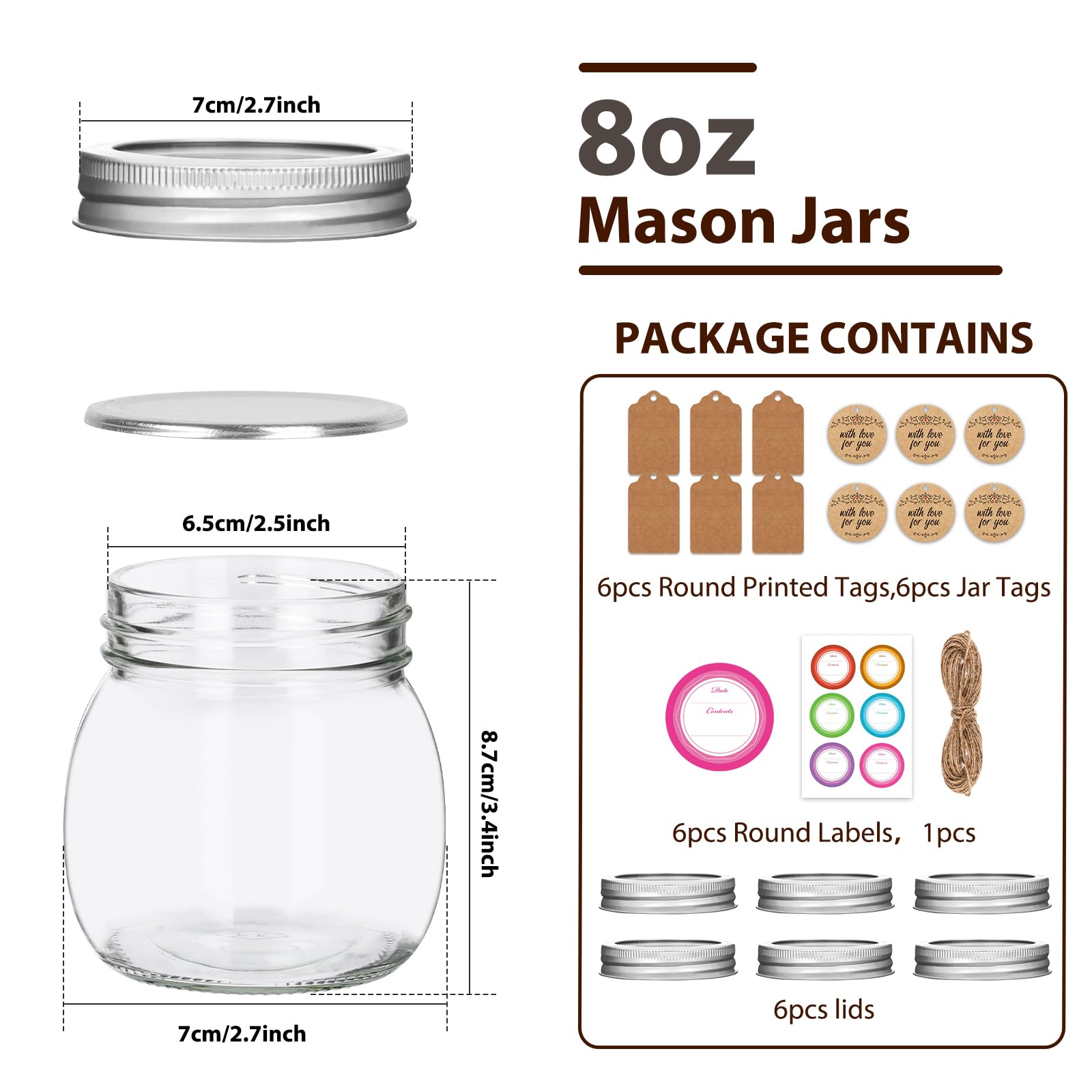 Jaisie.W frascos de vidrio 8oz con tapas para conservar especias y snacks.