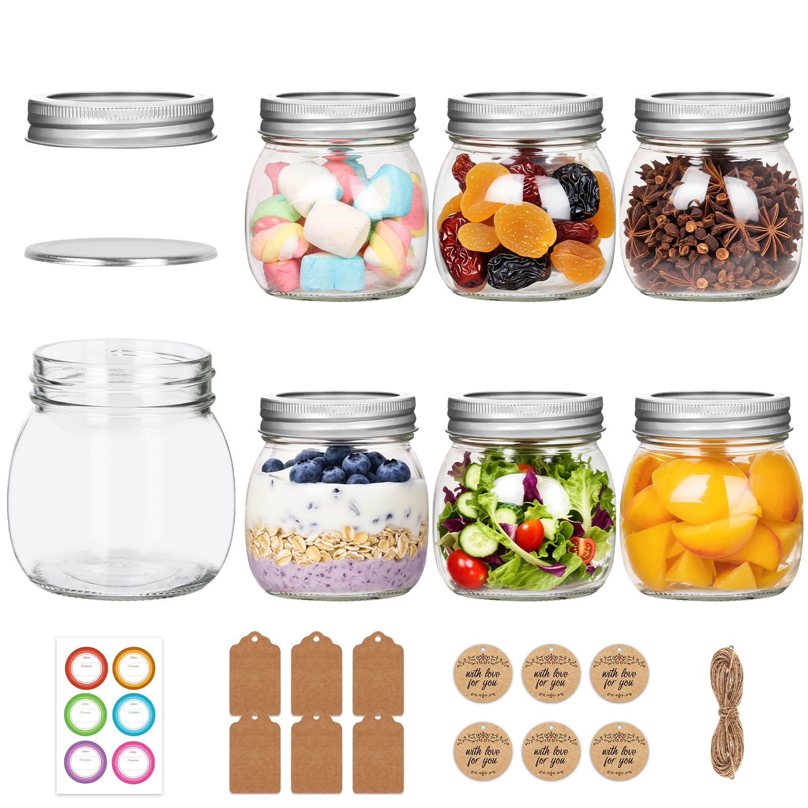 Jaisie.W mason jar 8oz con tapas y aros plateados para almacenamiento ordenado.