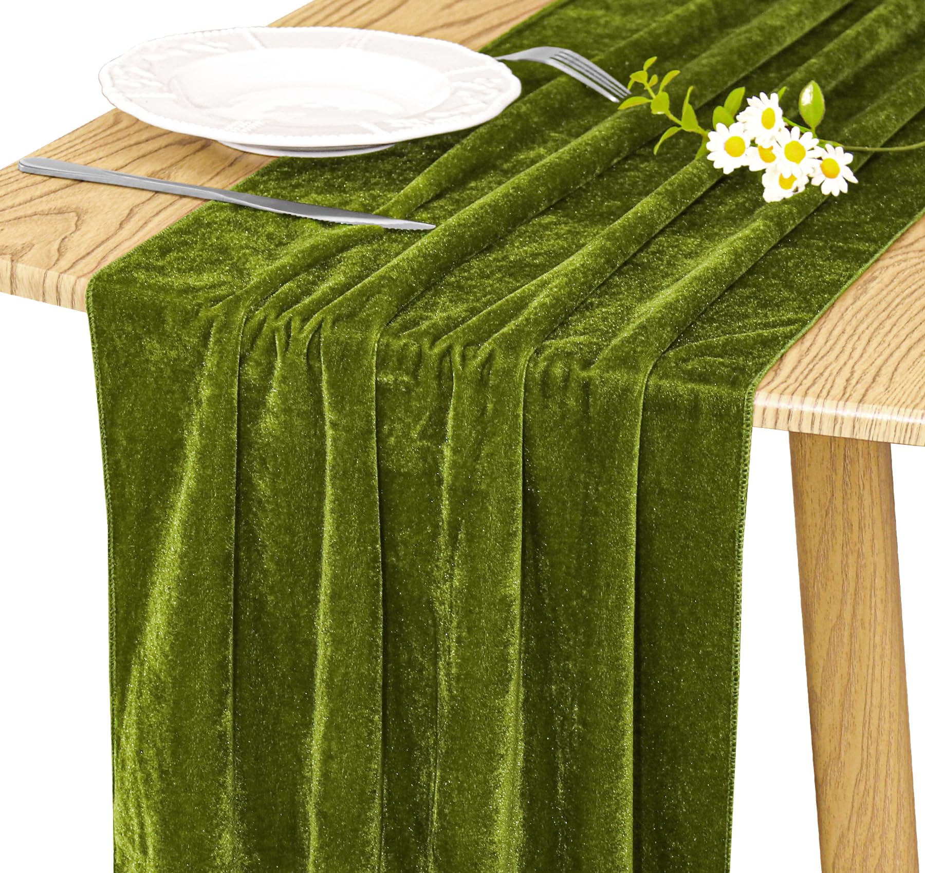 JALANCY camino de mesa terciopelo verde oliva, añade elegancia y caída suave a la mesa.