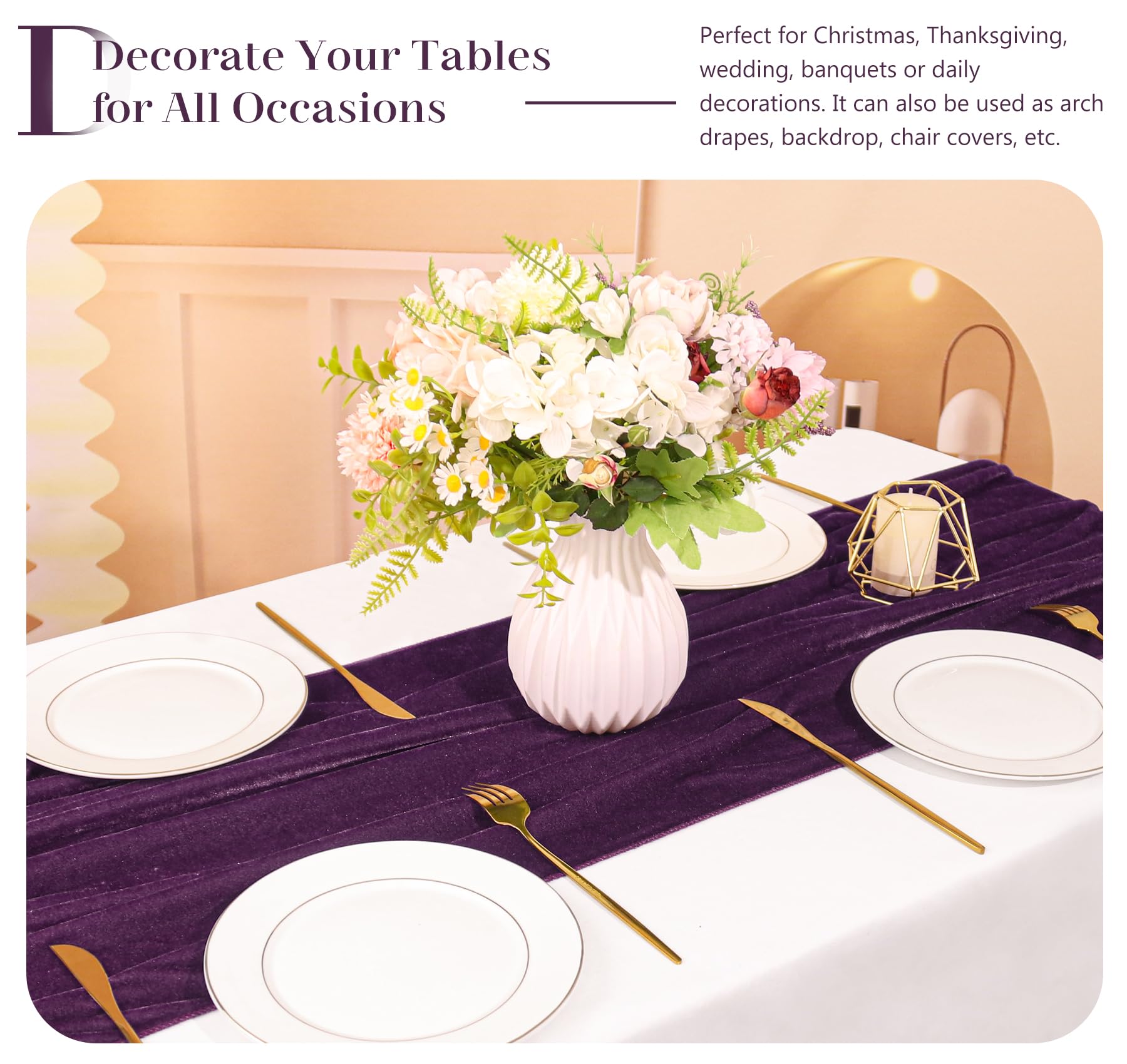 JALANCY camino de mesa Velvet, combinación de morado para fiestas y eventos.