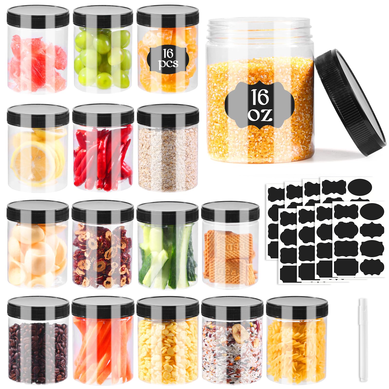 Janisfirst frasco plástico transparente con tapa negra para almacenamiento seguro de alimentos.