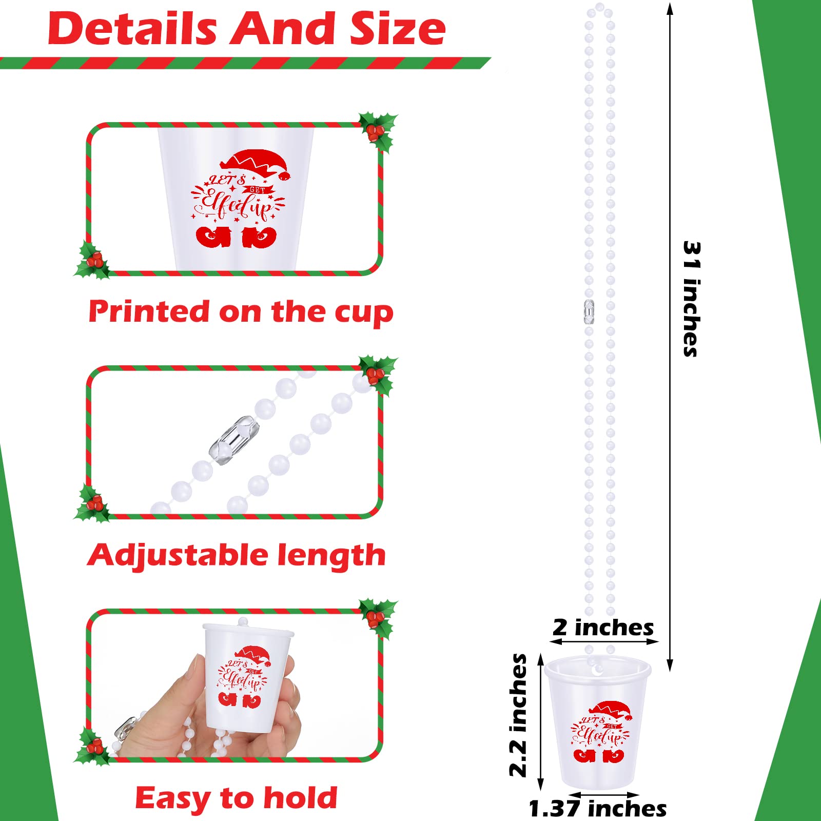 Janmercy adorno navideño de chupito en collar plástico, ideal para reuniones.