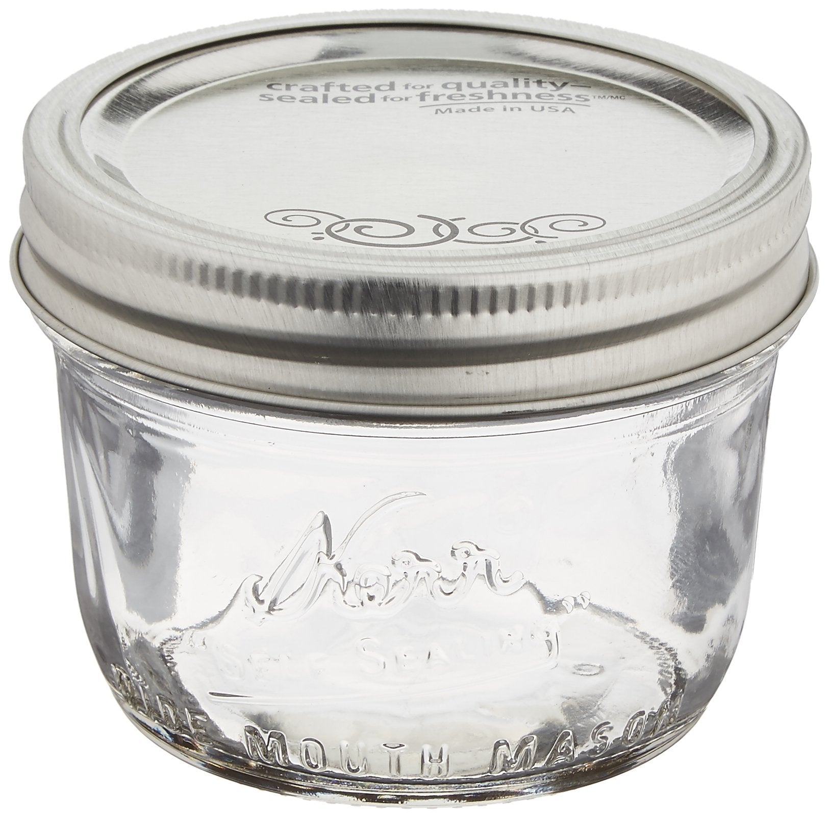 Frasco Kerr de boca ancha de 8 oz con tapa y aro, ideal para conservas caseras.
