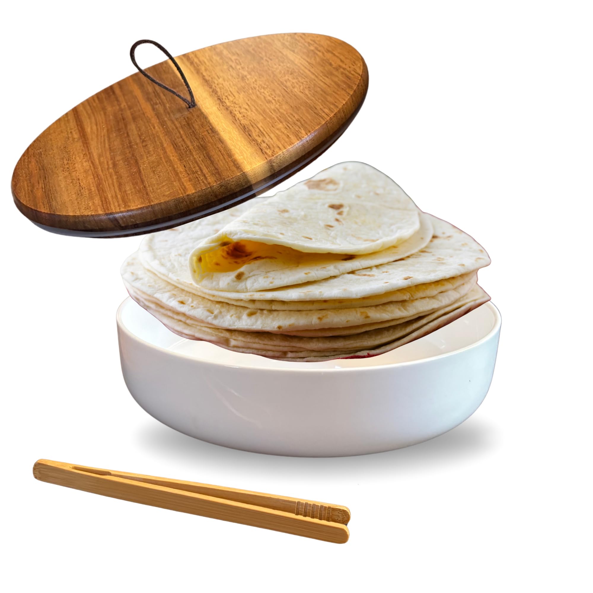 JARISAH calentador de tortillas cerámico con tapa de madera mantiene tortillas cálidas