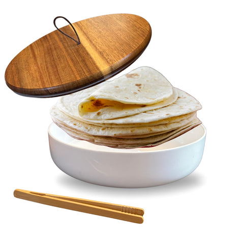 JARISAH calentador de tortillas cerámico con tapa de madera mantiene tortillas cálidas