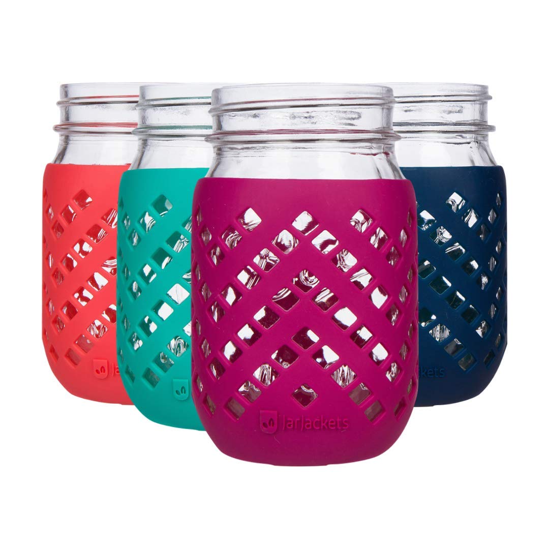 JarJackets funda silicona tarro mason 16oz, ajuste perfecto y agarre seguro para llevar.