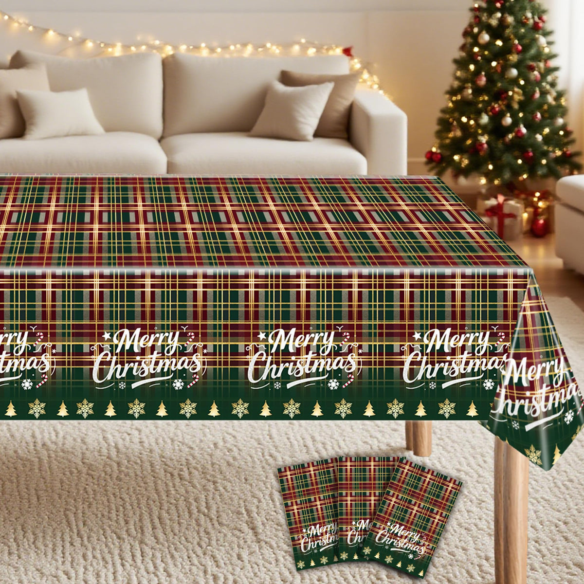 Mantel navideño de JARJARPLG en plástico verde protege la mesa.