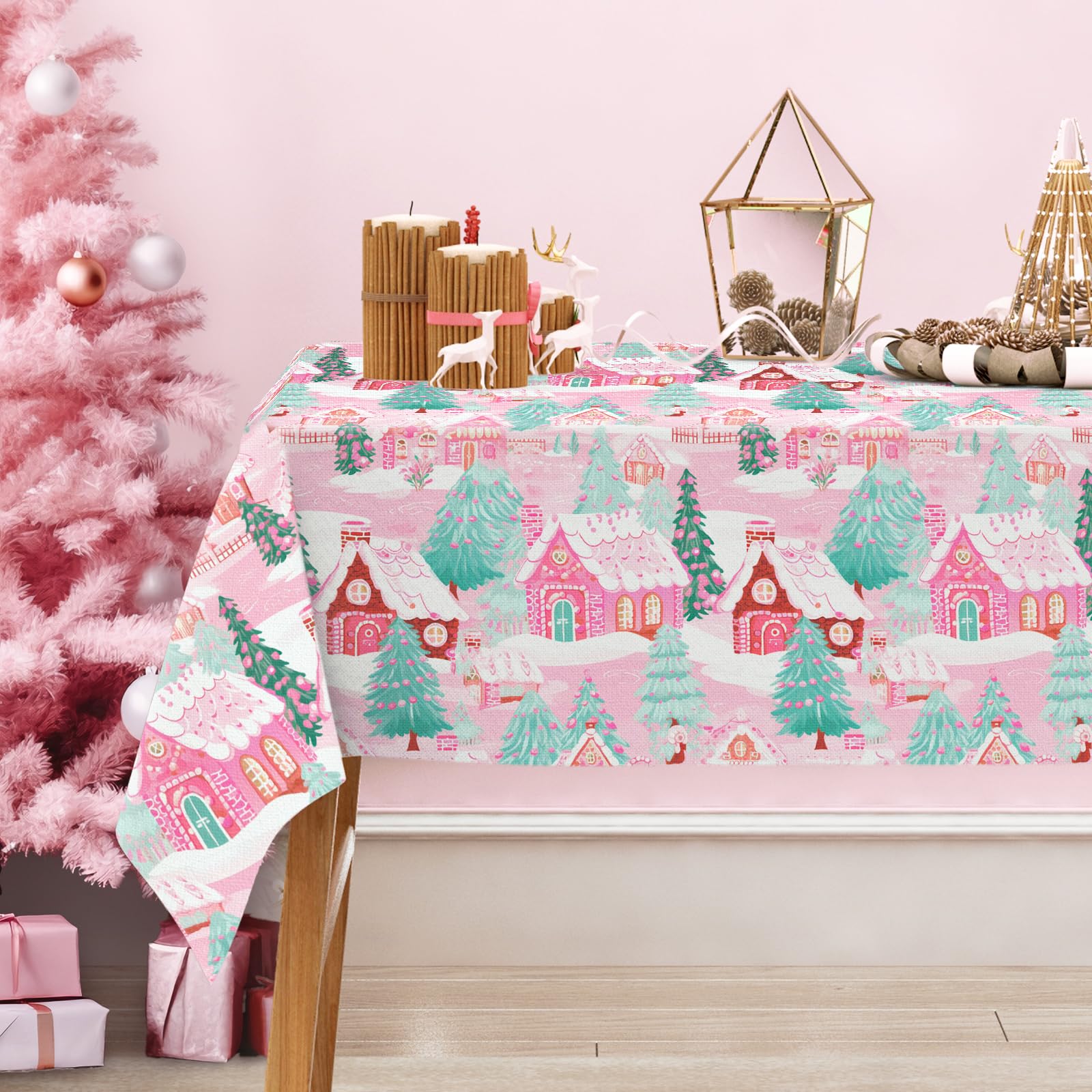 JarThenaAMCS mantel navideño rosa con casa de jengibre, ideal para fiestas