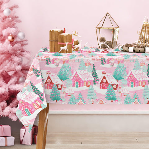 JarThenaAMCS mantel navideño rosa con casa de jengibre, ideal para fiestas