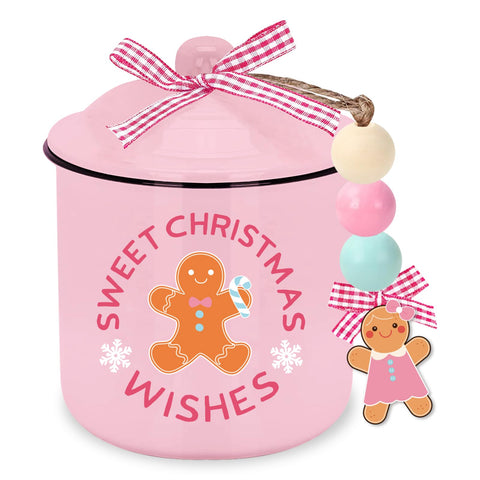 JarThenaAMCS tarro cerámico navideño rosa con hombre de jengibre, ideal para almacenar dulces.