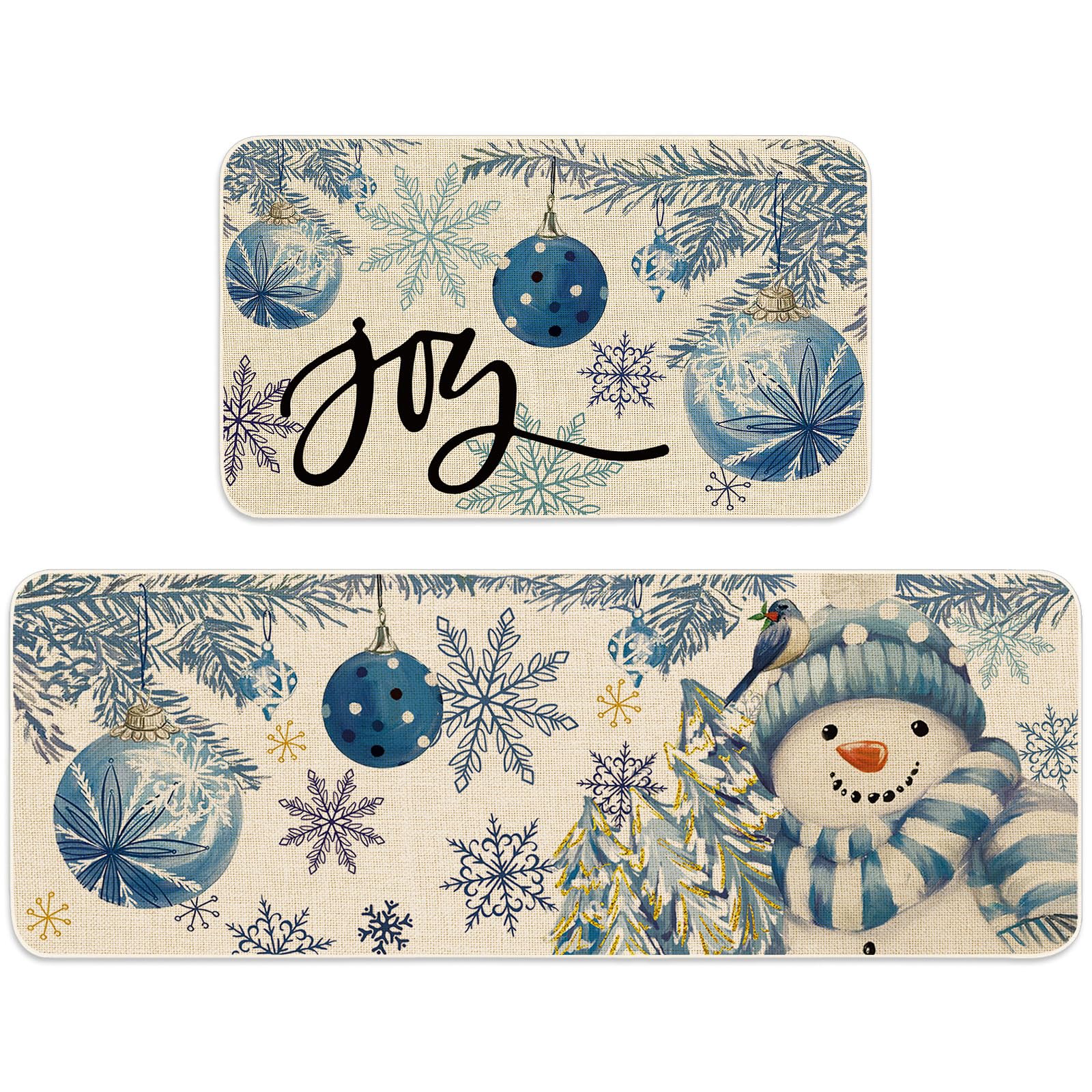 JarThenaAMCS muñeco de nieve: alfombra de cocina azul para bienvenida festiva.