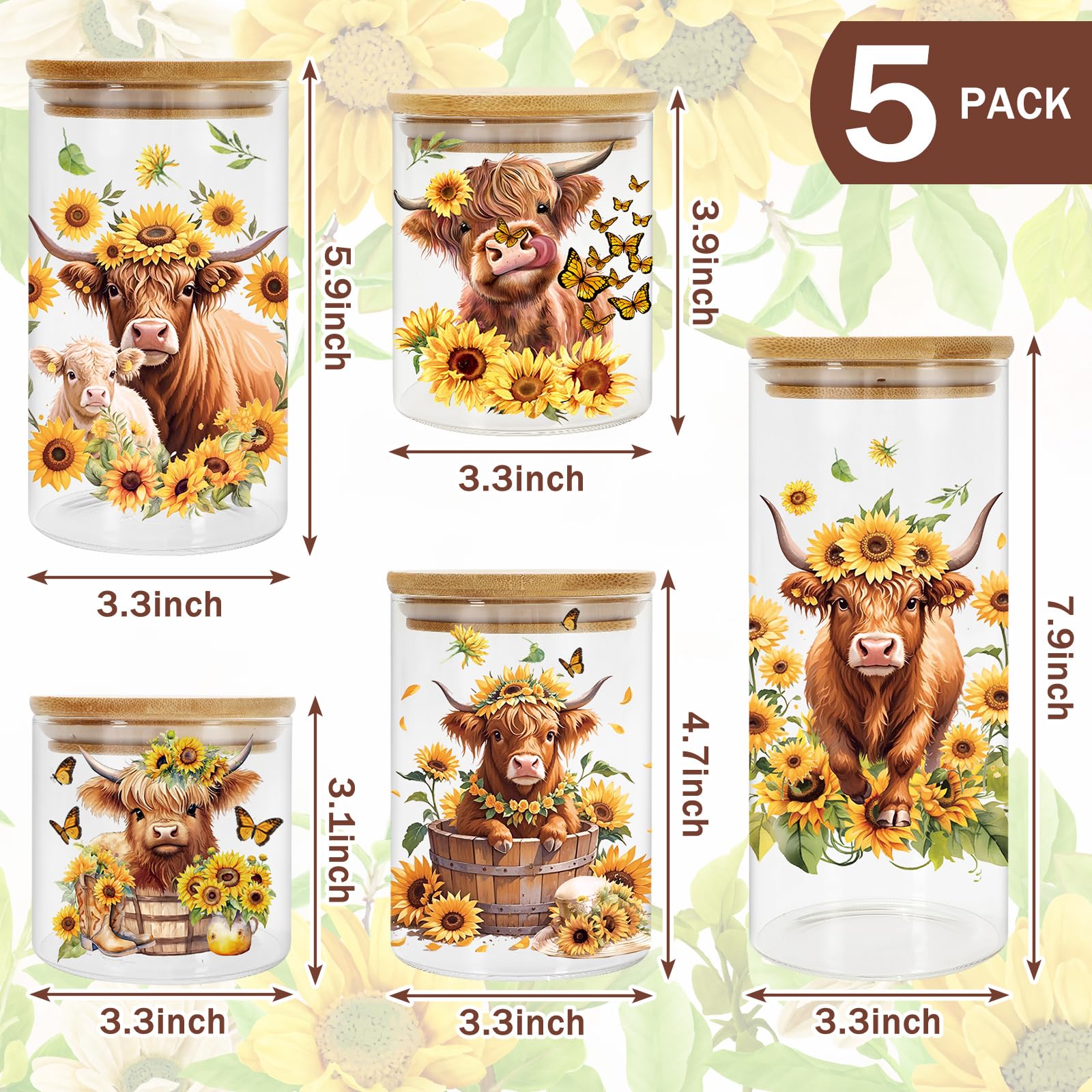JarThenaAMCS tarros de vidrio con diseño acuarela de vaca y girasol.