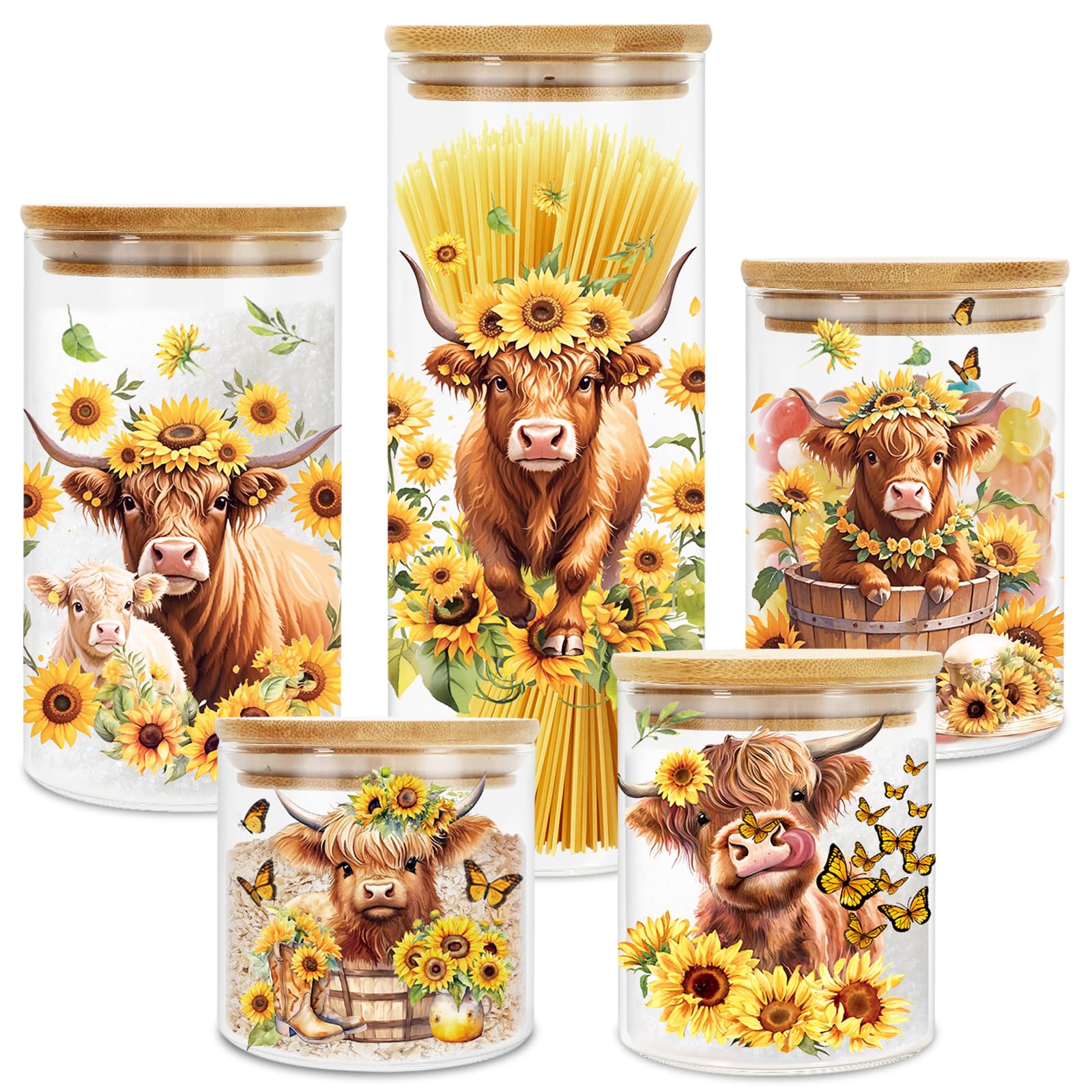 JarThenaAMCS tarros de vidrio con vaca de las Tierras Altas y girasol, almacenamiento decorativo.