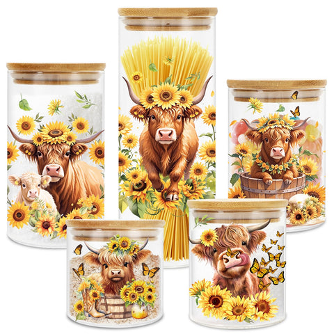 JarThenaAMCS tarros de vidrio con vaca de las Tierras Altas y girasol, almacenamiento decorativo.