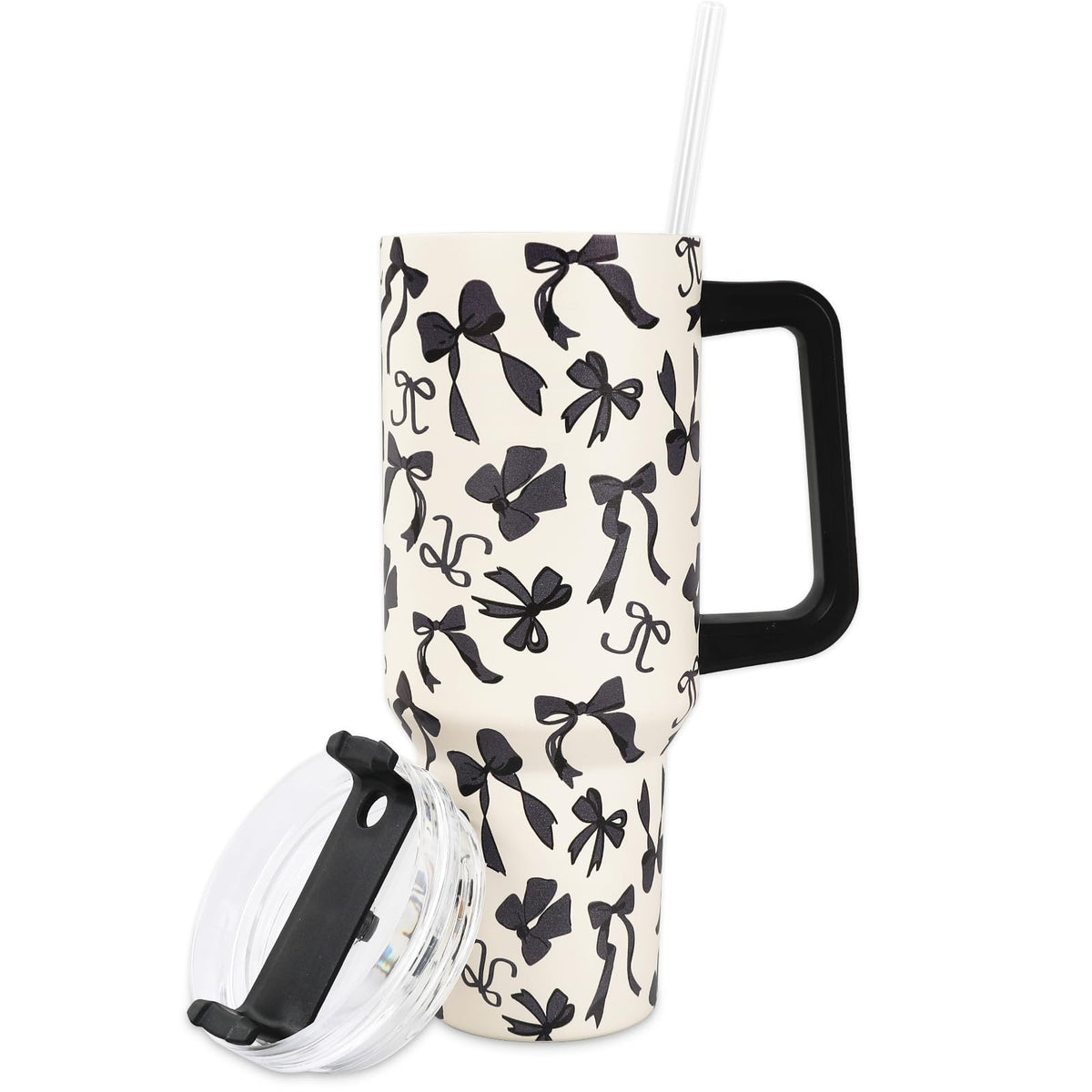 JarThenaAMCS vaso aislante con diseño lazo negro sobre beige, perfecto para uso diario.