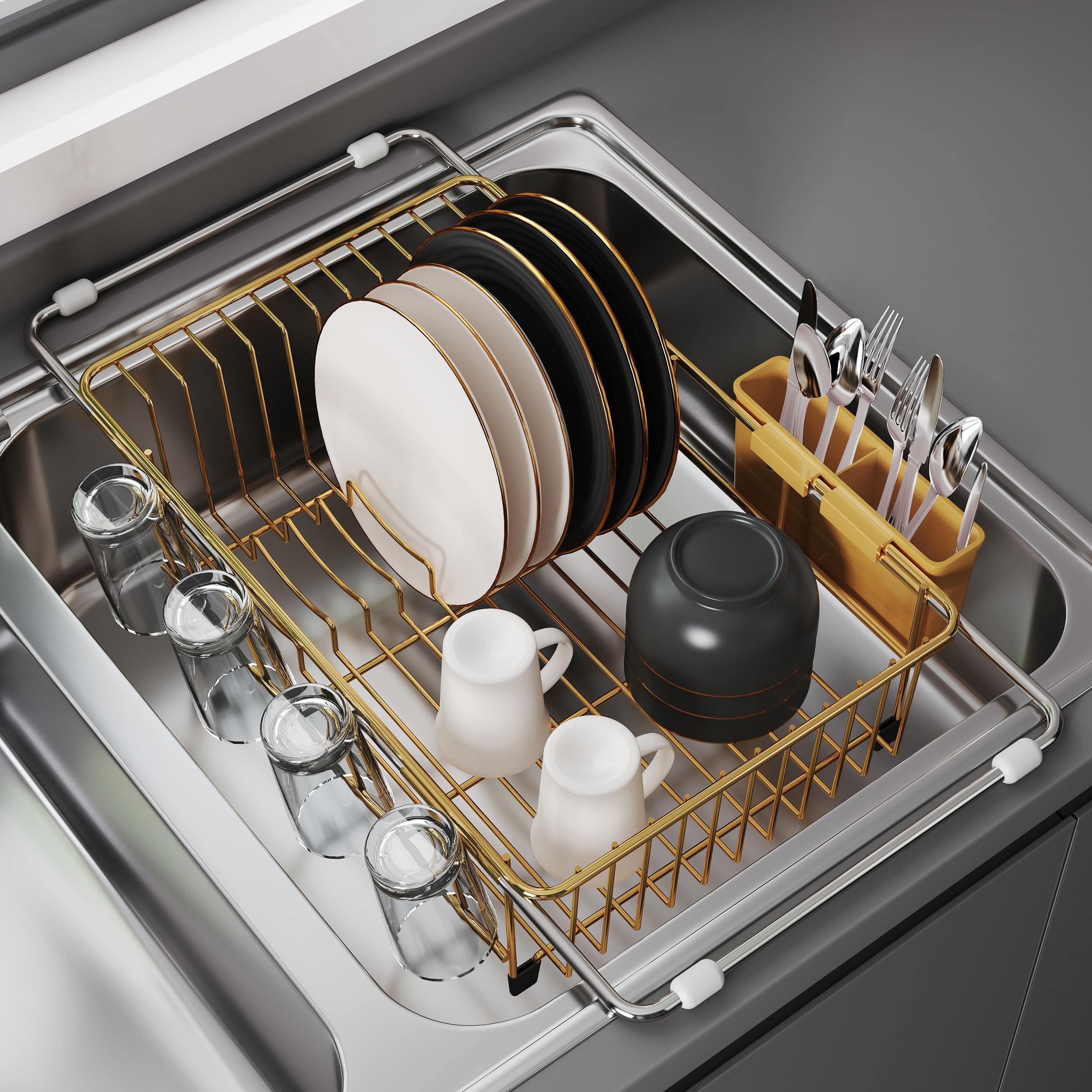 JASIWAY escurridor extensible para platos, ahorro de espacio en la encimera.