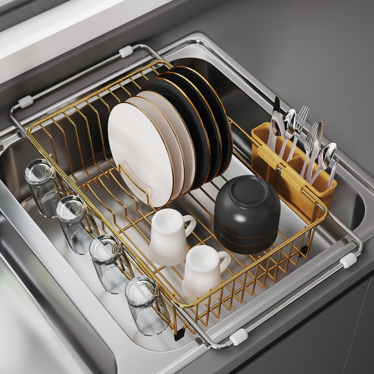 JASIWAY escurridor extensible para platos, ahorro de espacio en la encimera.