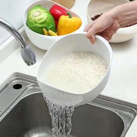 Jawyem colador arroz plástico blanco, asa ergonómica para manejo cómodo.