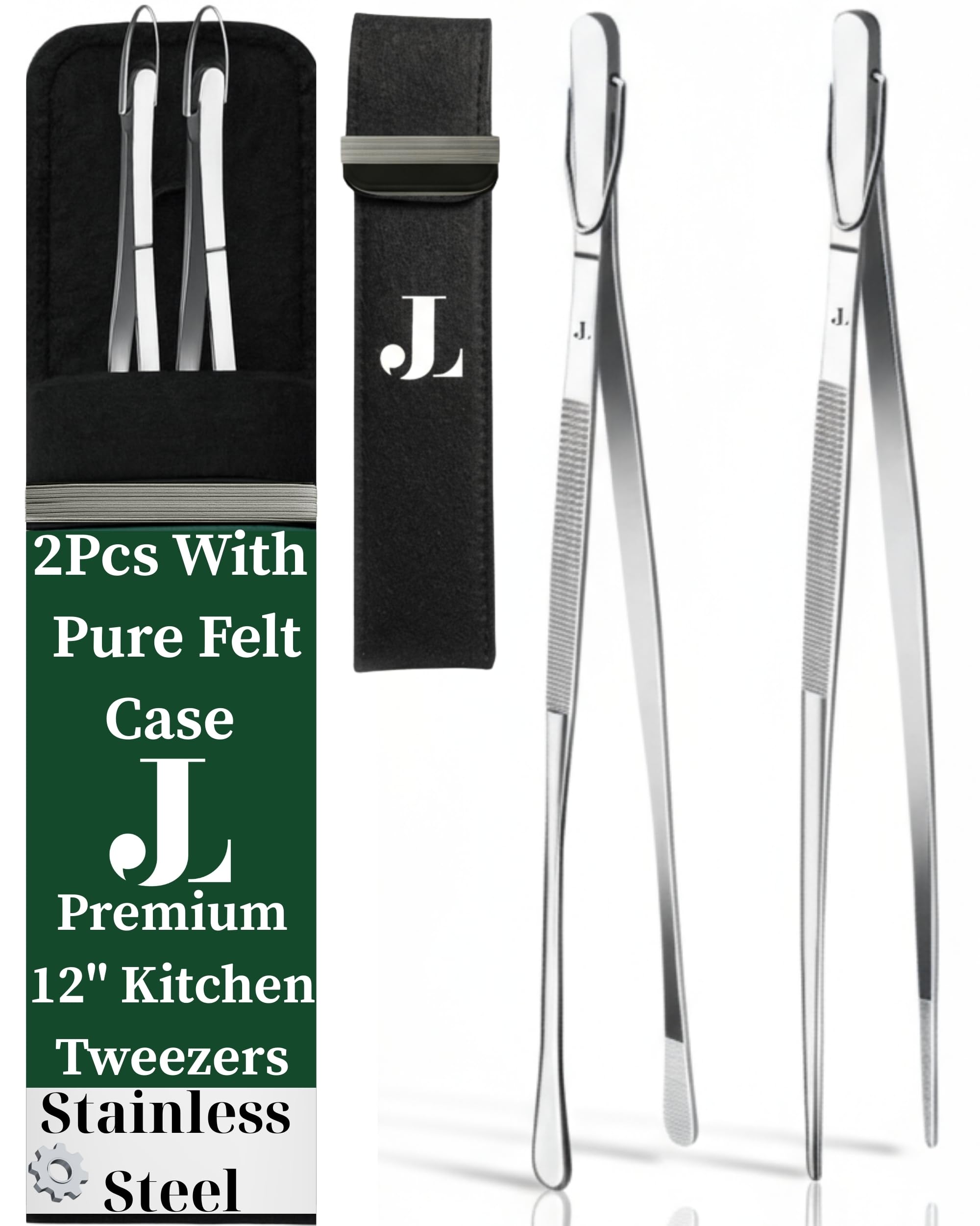 Pinzas de cocina Jean Lemond de 12 pulgadas, acero inoxidable, para emplatar con precisión.