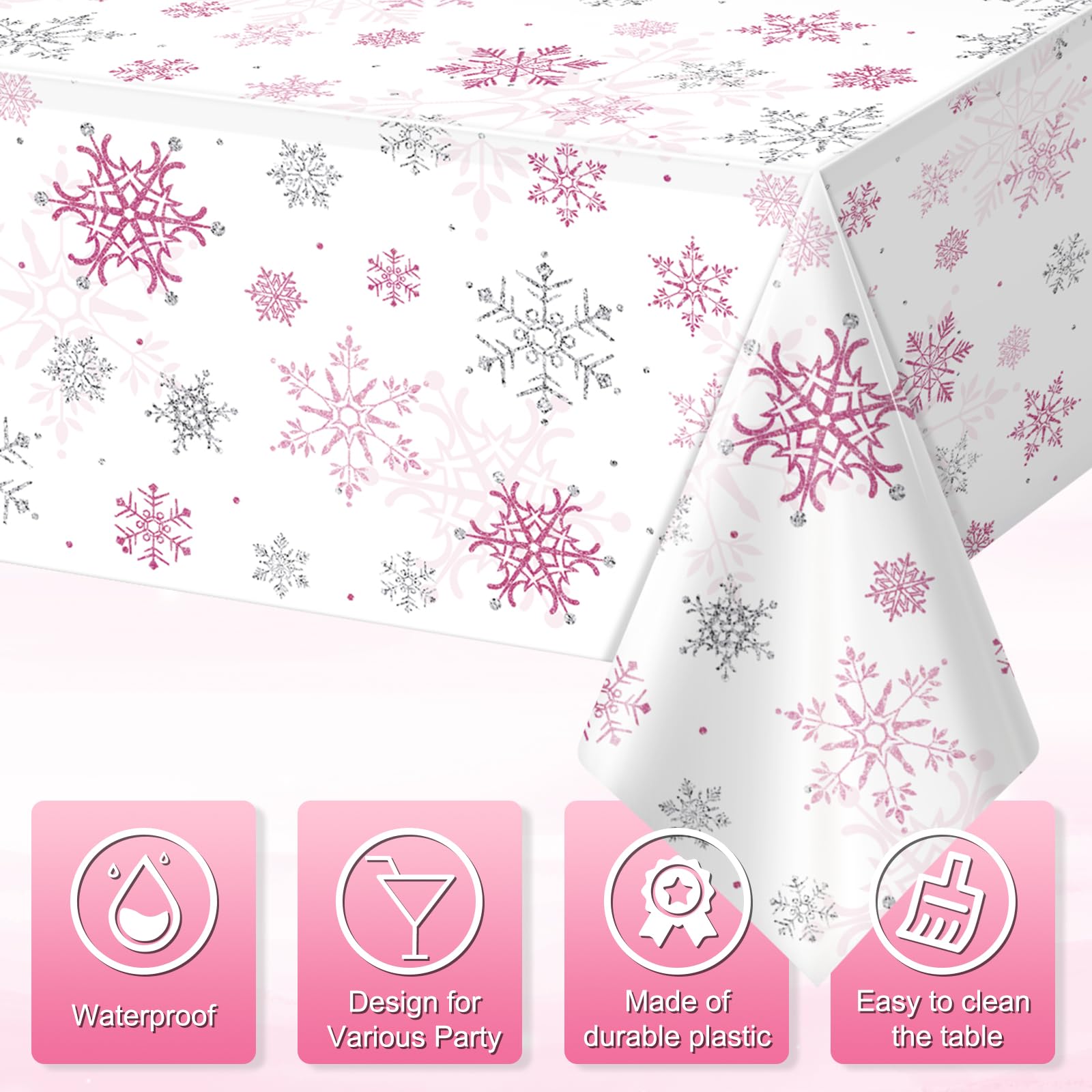 Detalle del diseño de copos de nieve plateados en mantel Jectivs