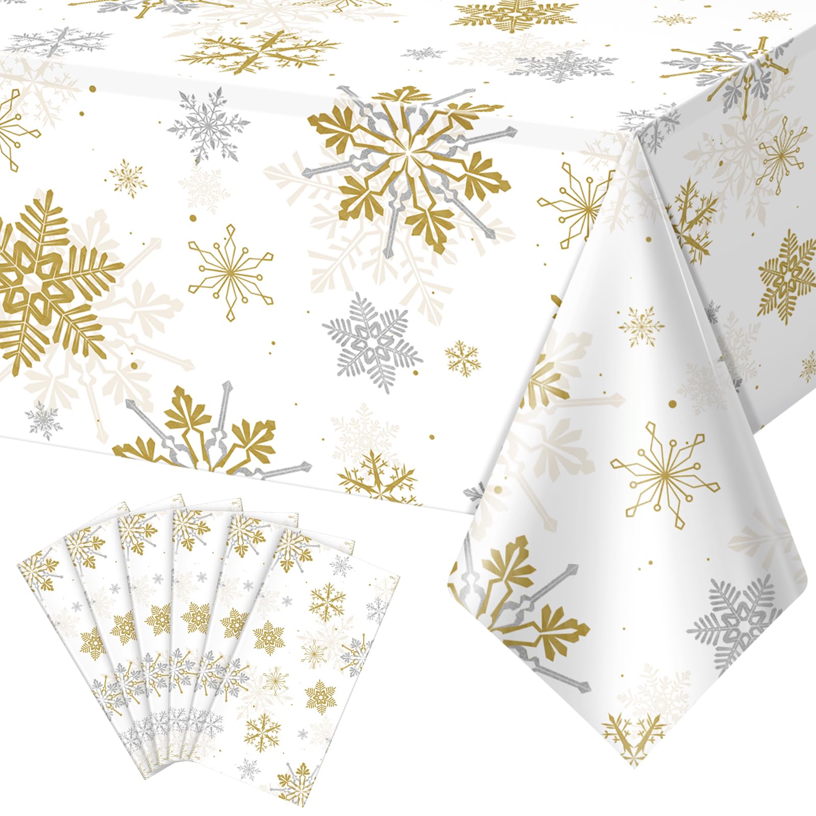 Mantel navideño Jectivs con copos de nieve dorados sobre fondo blanco para fiestas.