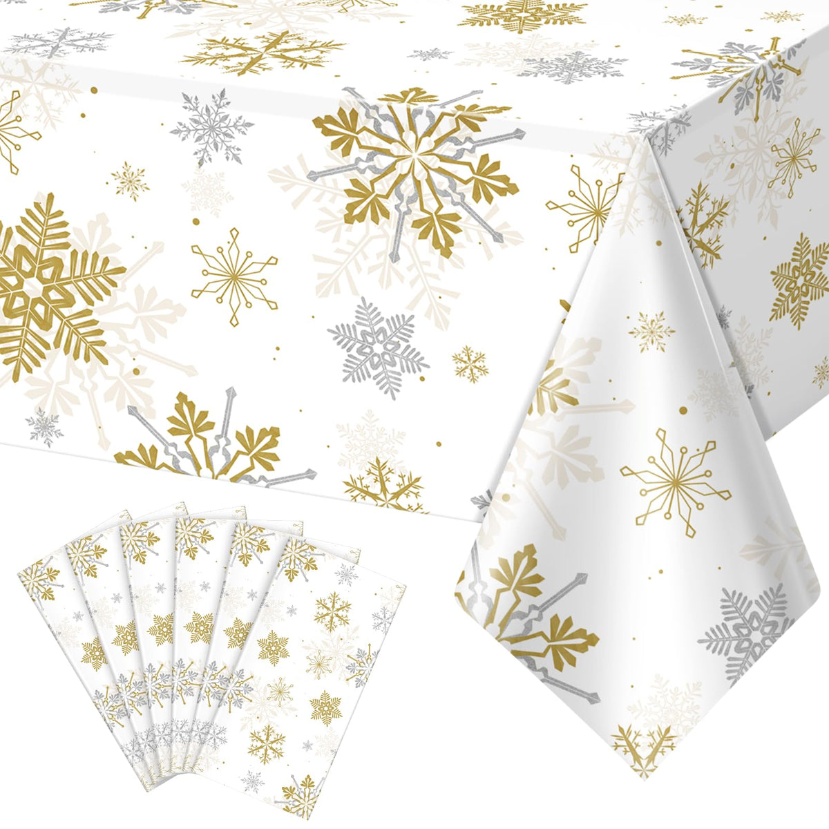 Mantel navideño Jectivs con copos de nieve dorados sobre fondo blanco para fiestas.