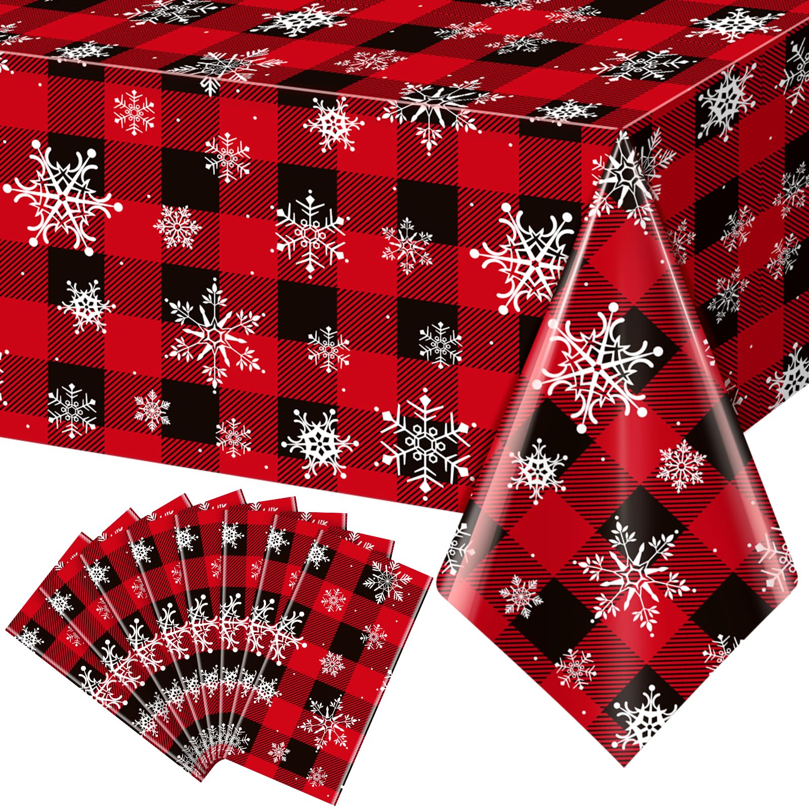 Mantel Jectivs para Navidad con cuadros rojos y negros y copos de nieve, ideal para mesa festiva.