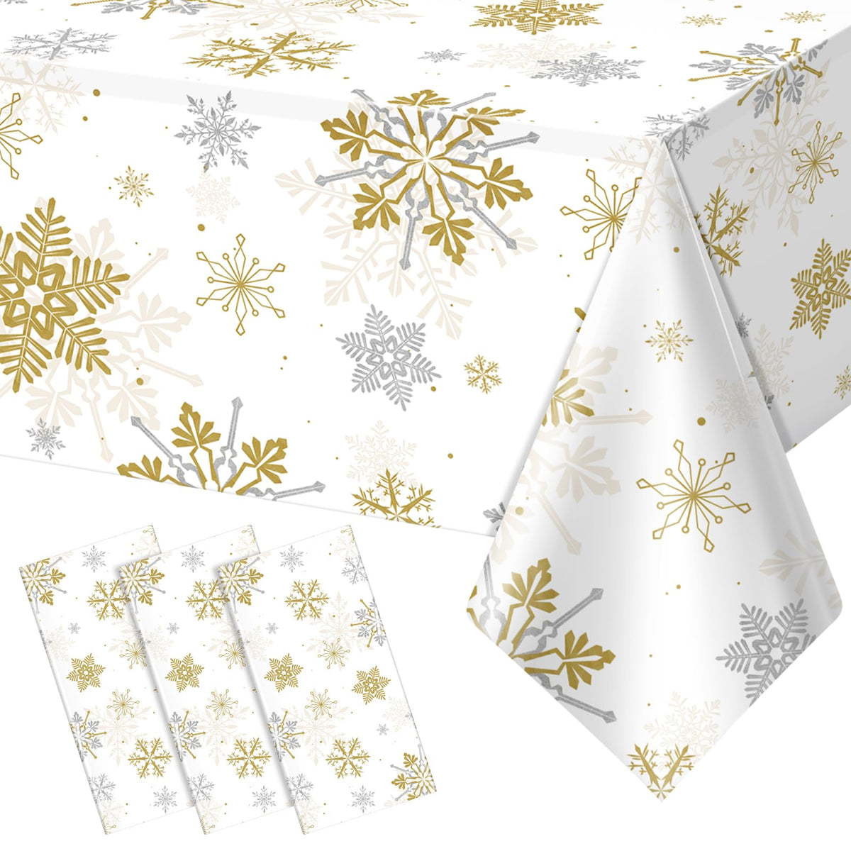 Mantel navidad nieve blanco dorado de Jectivs, ideal para mesa festiva.