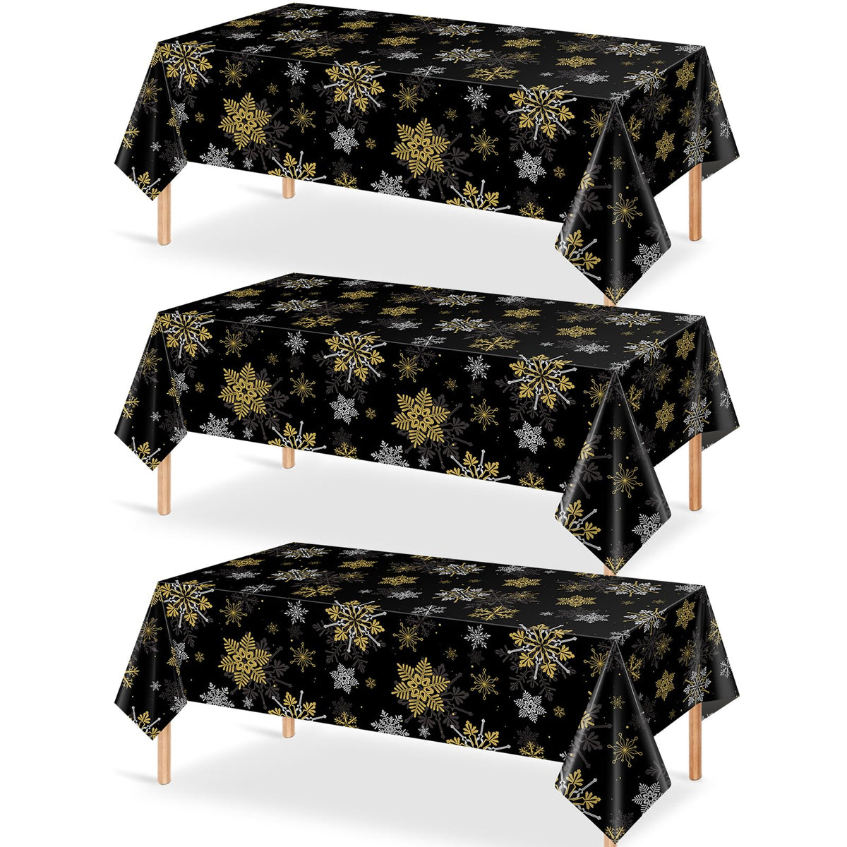 Mantel Jectivs copos de nieve negros y dorados para decoración navideña