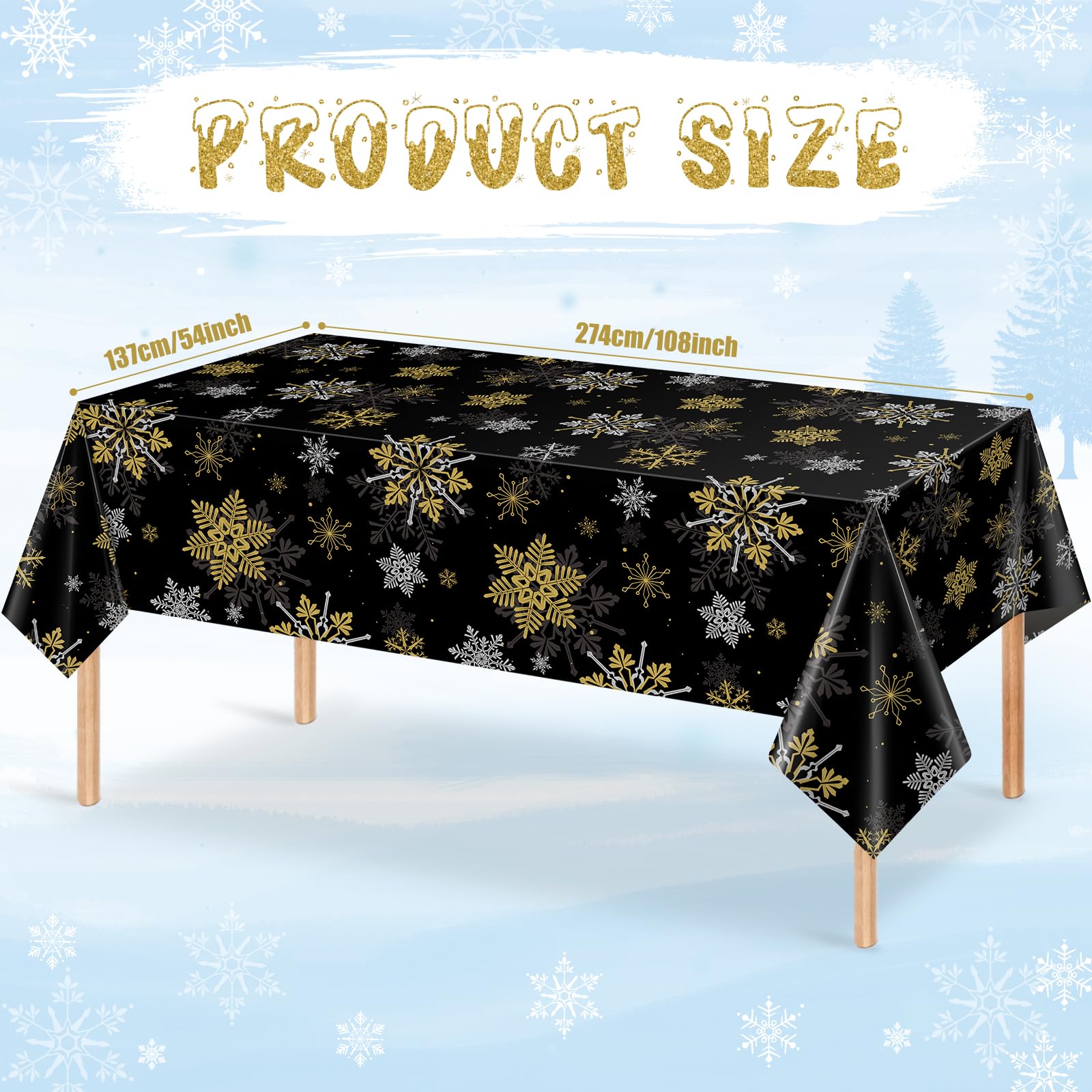 Mantel Jectivs copos de nieve dorados sobre fondo negro, ideal para fiestas